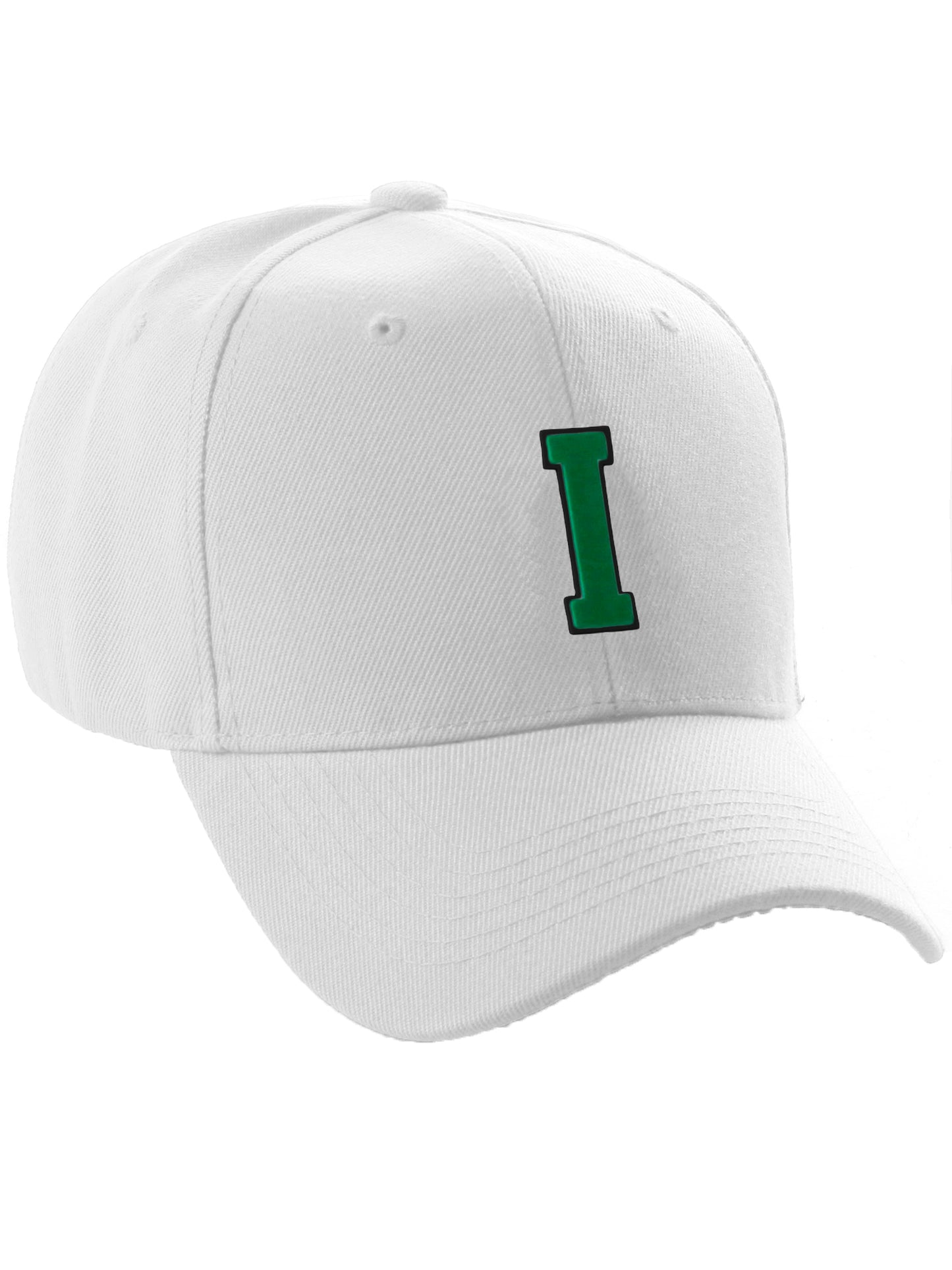 Classic Baseball Hat Custom A to Z Initial Team Letter, White Cap Black Green