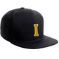 Classic Snapback Hat Custom A to Z Initial Raised Letters, Black Cap White Gold