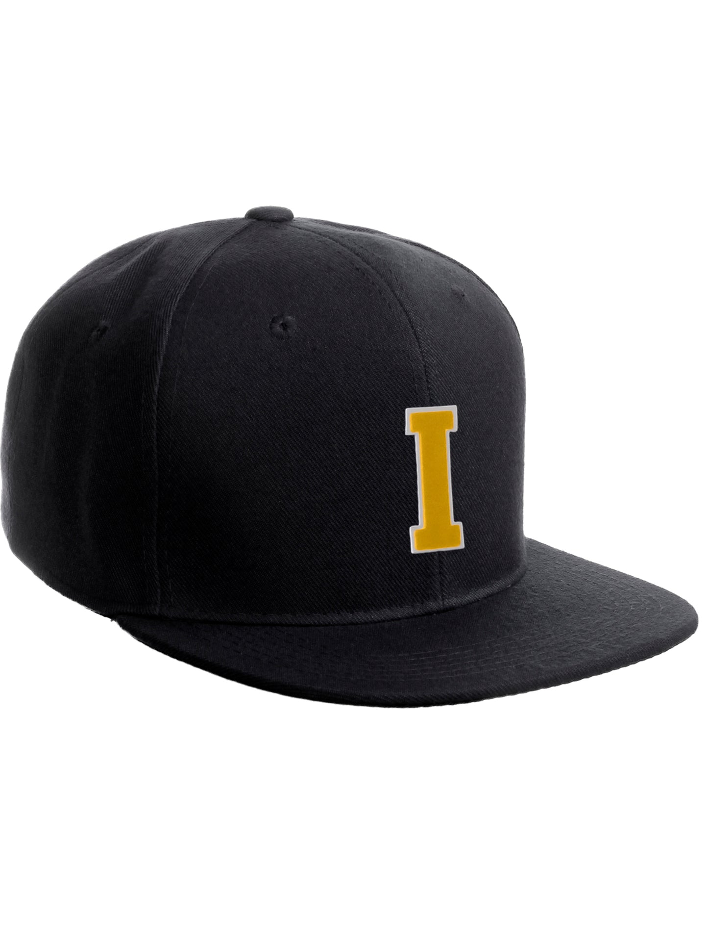 Classic Snapback Hat Custom A to Z Initial Raised Letters, Black Cap White Gold