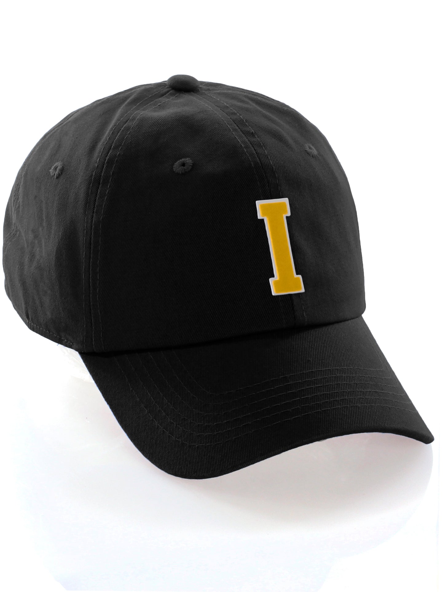 I&W Hatgear Customized Letter Initial Baseball Hat A to Z Team Colors, Black Cap White Gold