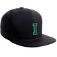 Classic Snapback Hat Custom A to Z Initial Raised Letters, Black Cap White Green
