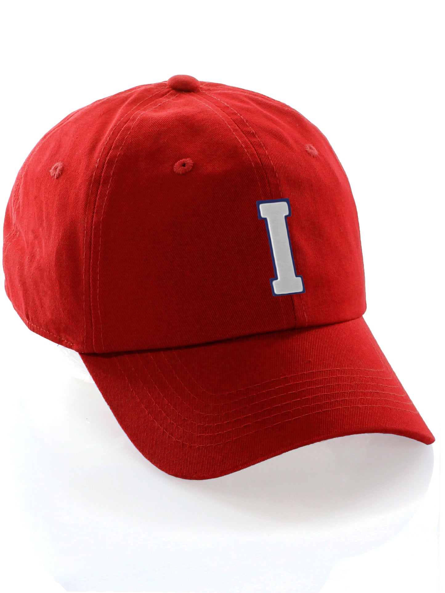 Customized Letter Initial Baseball Hat A to Z Team Colors, Red Cap Blue White