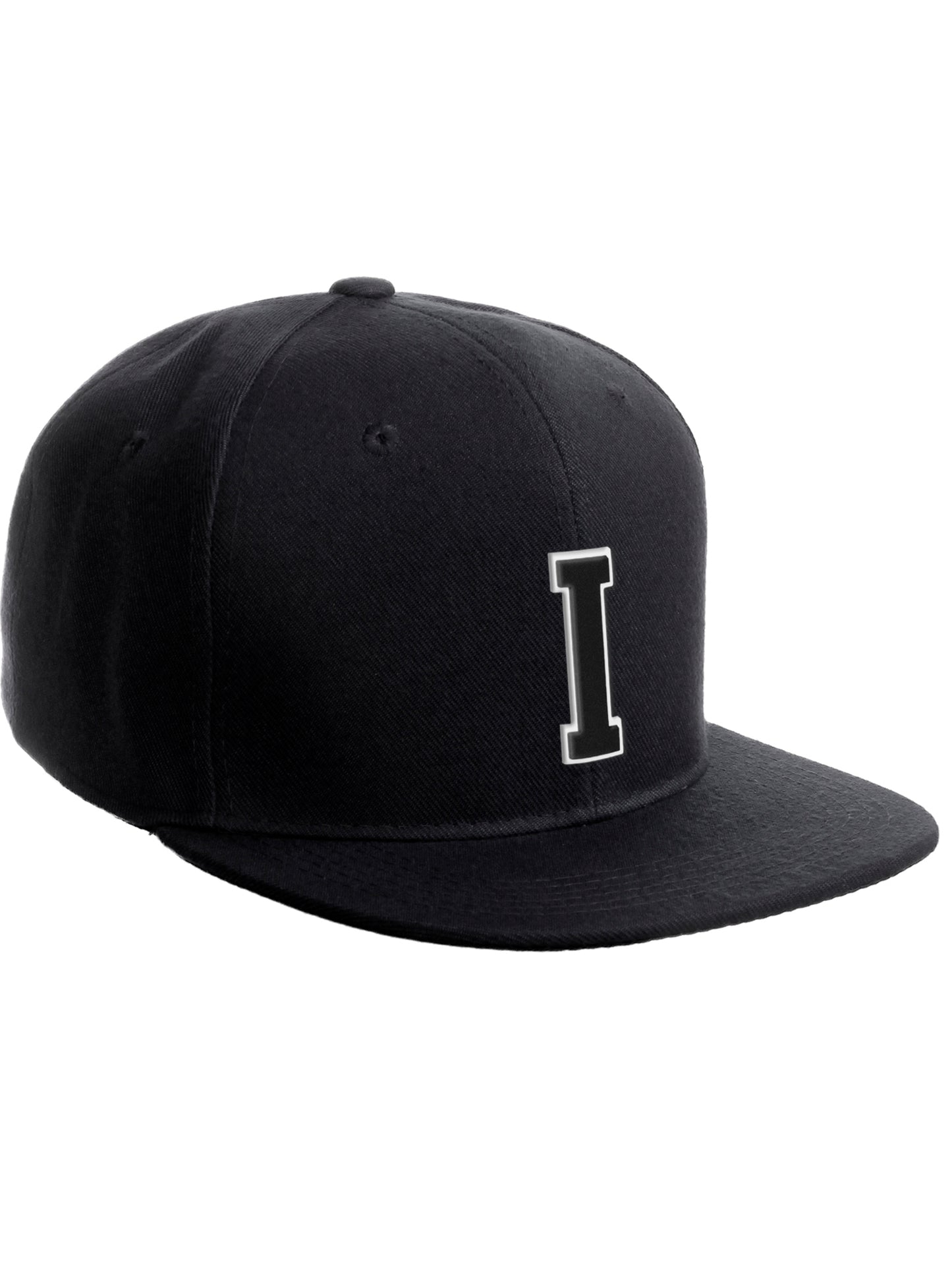Classic Snapback Hat Custom A to Z Initial Raised Letters, Black Cap White Black