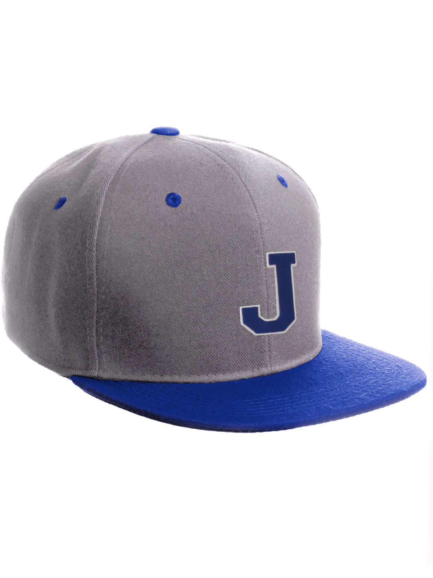 Classic Snapback Hat Custom A to Z Initial Letters, Lt Grey Royal Cap White Blue