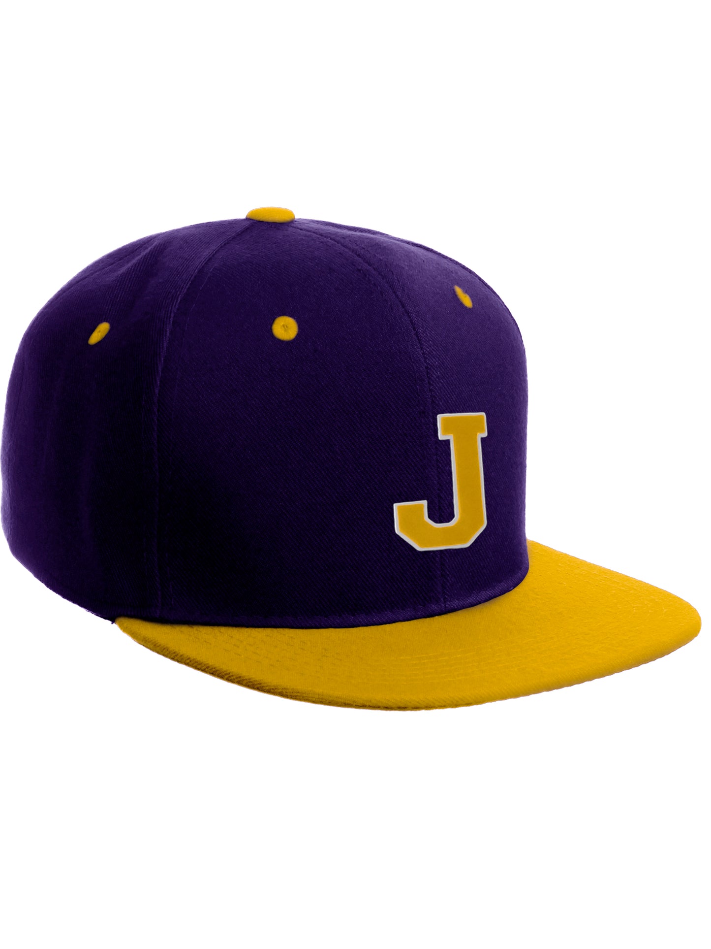 Classic Snapback Hat Custom A to Z Initial Letters, Purple Gold Cap White Gold