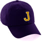 Customized Letter Initial Baseball Hat A to Z Team Colors, Purple Cap White Gold