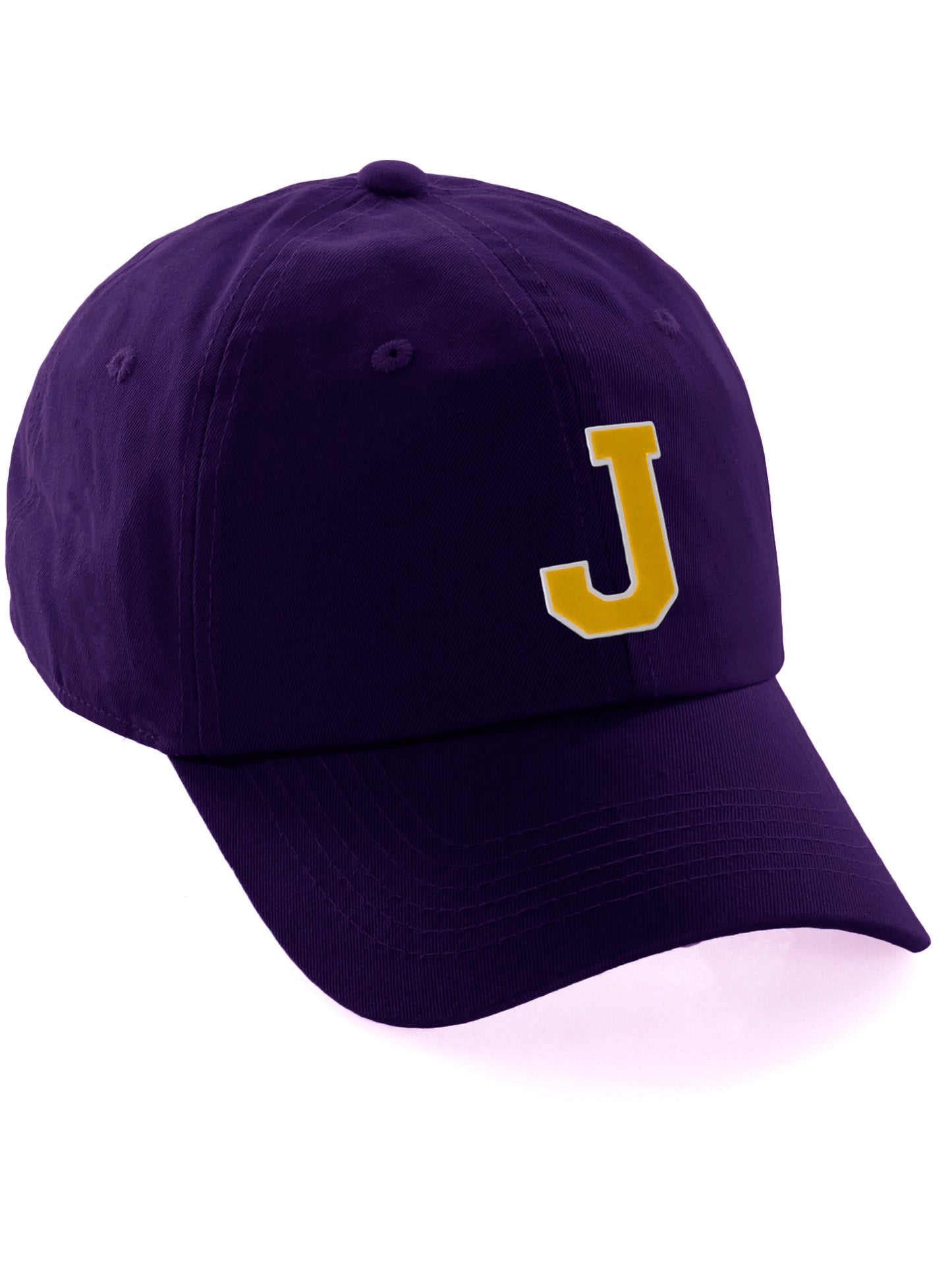Customized Letter Initial Baseball Hat A to Z Team Colors, Purple Cap White Gold