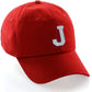 Customized Letter Initial Baseball Hat A to Z Team Colors, Red Cap Blue White