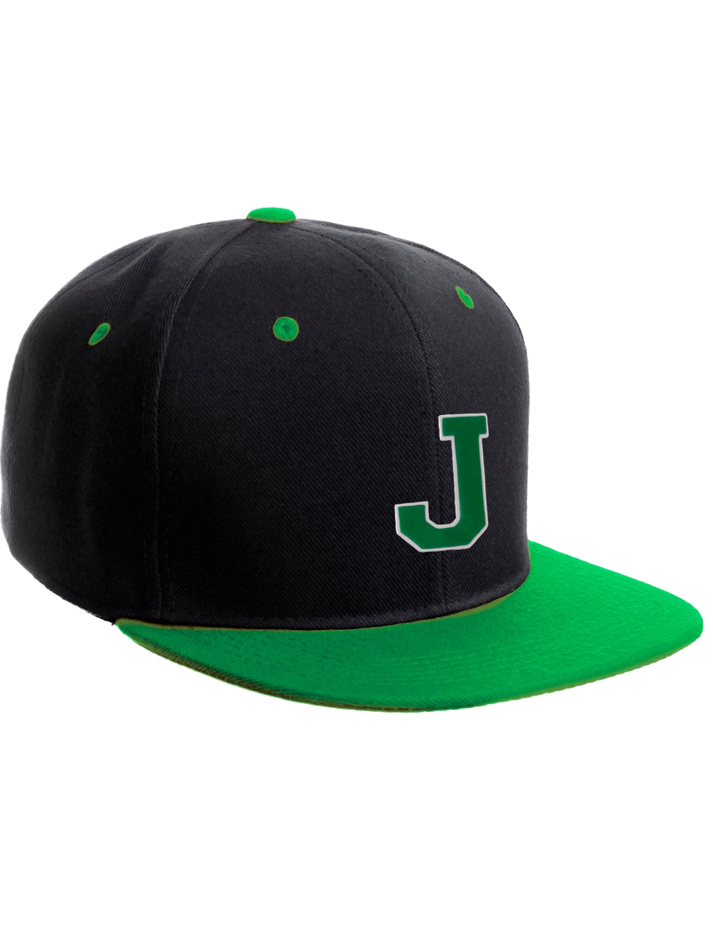 Classic Snapback Hat Custom A to Z Initial Letters, Black Green Cap White Green