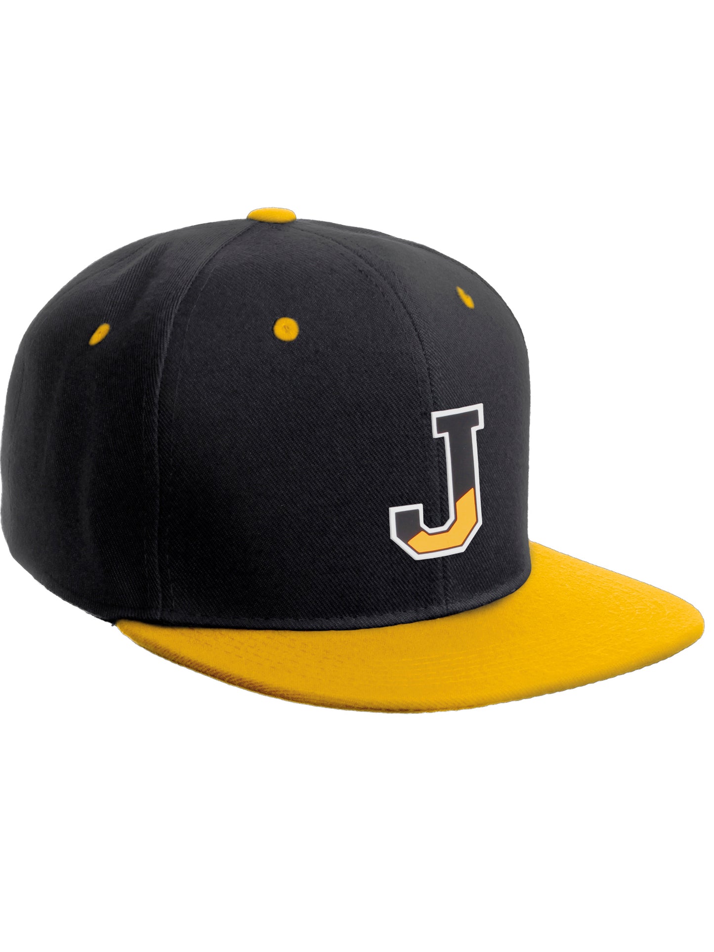 Daxton Classic Snapback Initial Numbers Letters Flat Bill Visor Black Yellow Cap