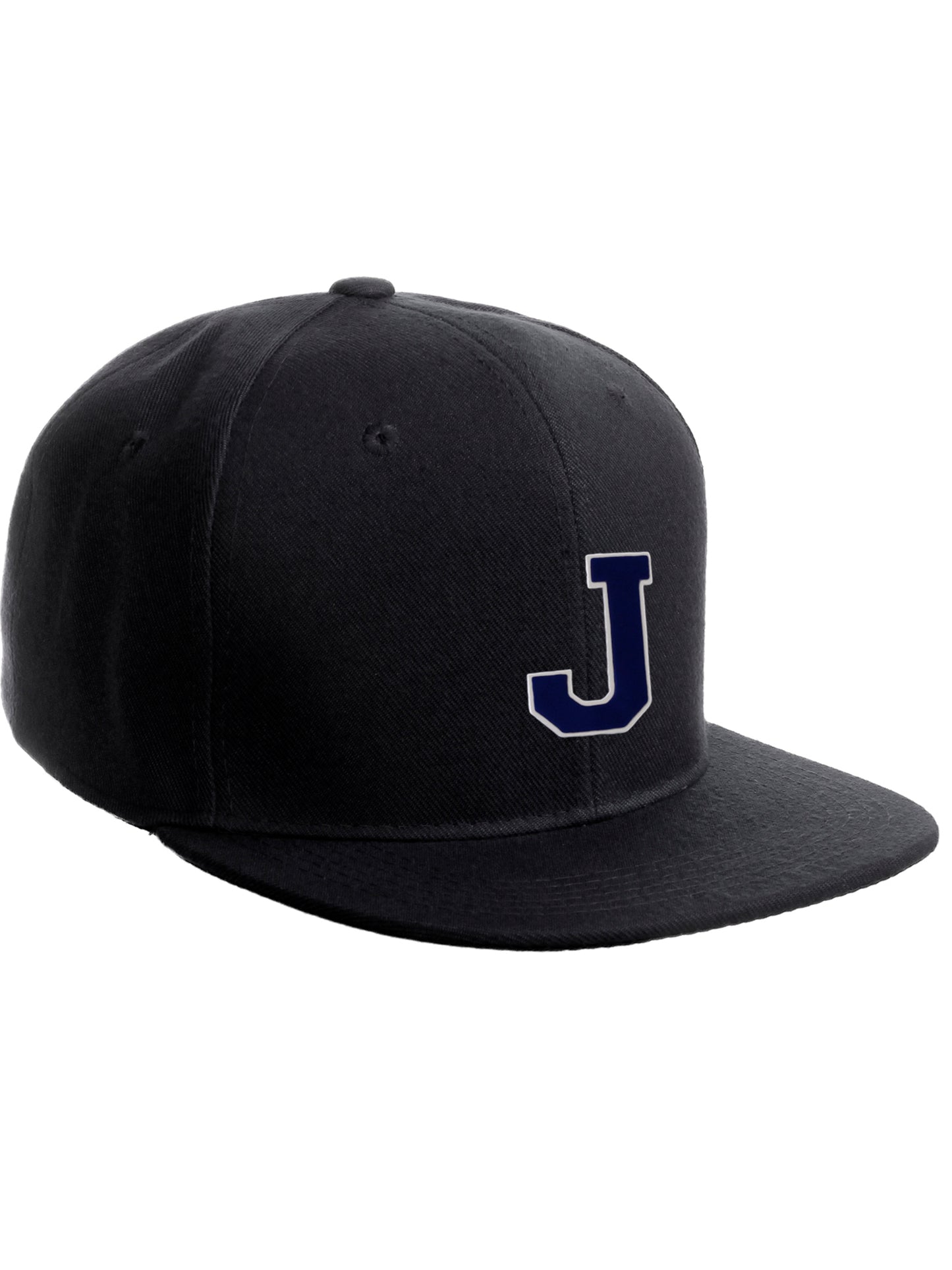 Classic Snapback Hat Custom A to Z Initial Raised Letter, Black Cap White Navy