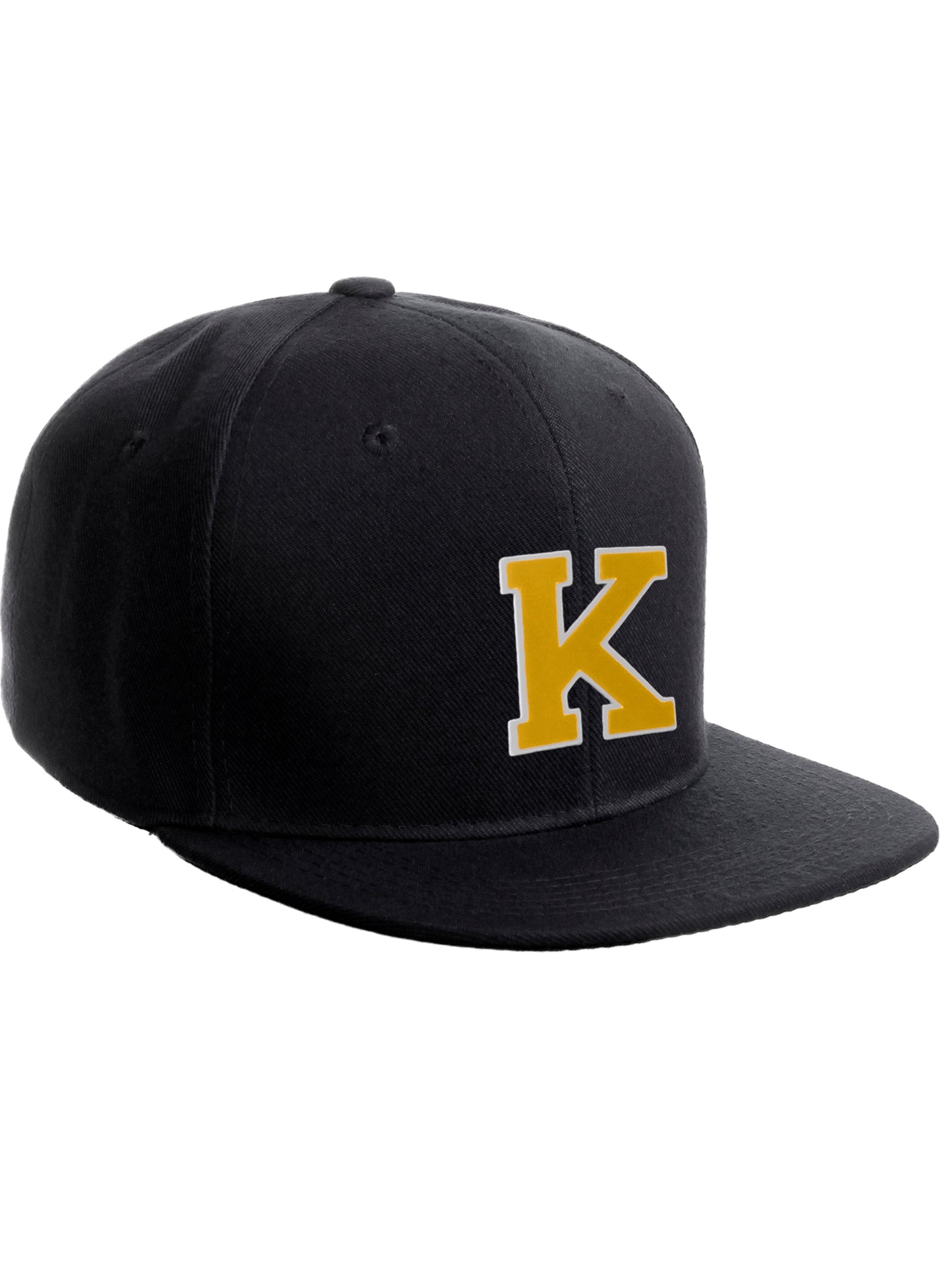 Classic Snapback Hat Custom A to Z Initial Raised Letters, Black Cap White Gold