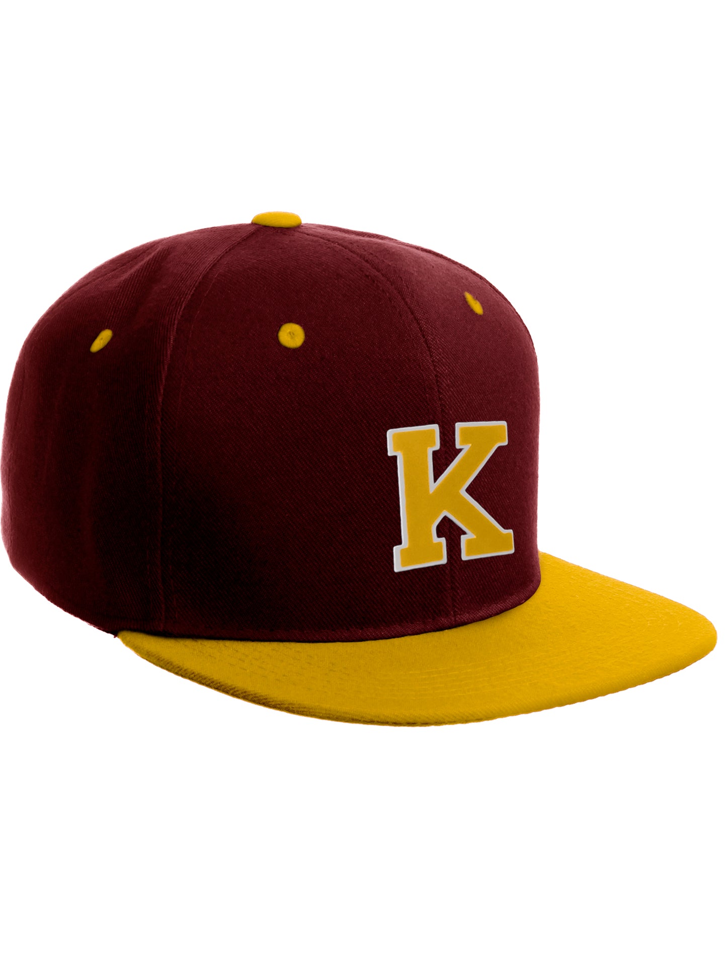 Classic Snapback Hat Custom A to Z Initial Letters, Burgundy Gold Cap White Gold