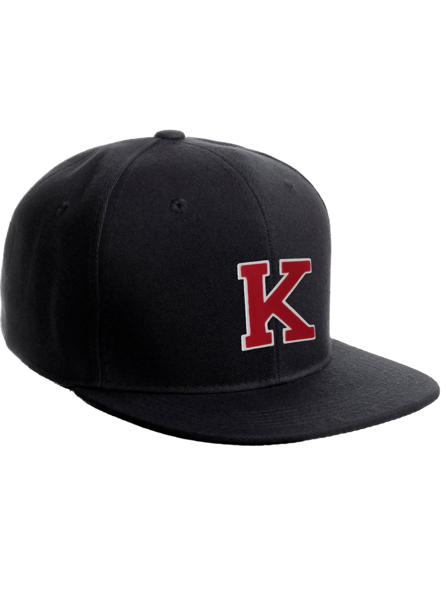 Classic Snapback Hat Custom A to Z Initial Raised Letters, Black Cap White Red