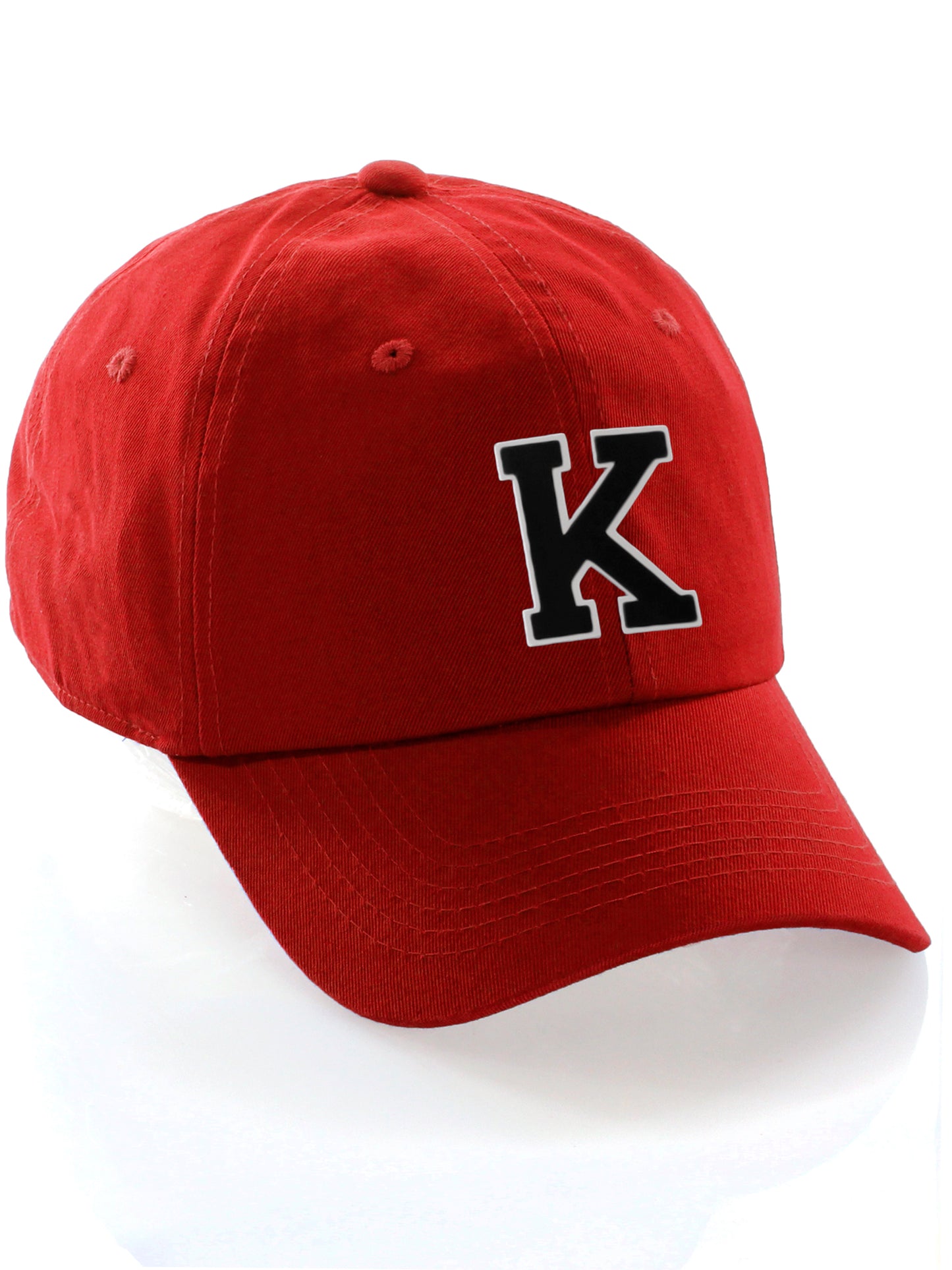 Customized Letter Initial Baseball Hat A to Z Team Colors, Red Cap White Black