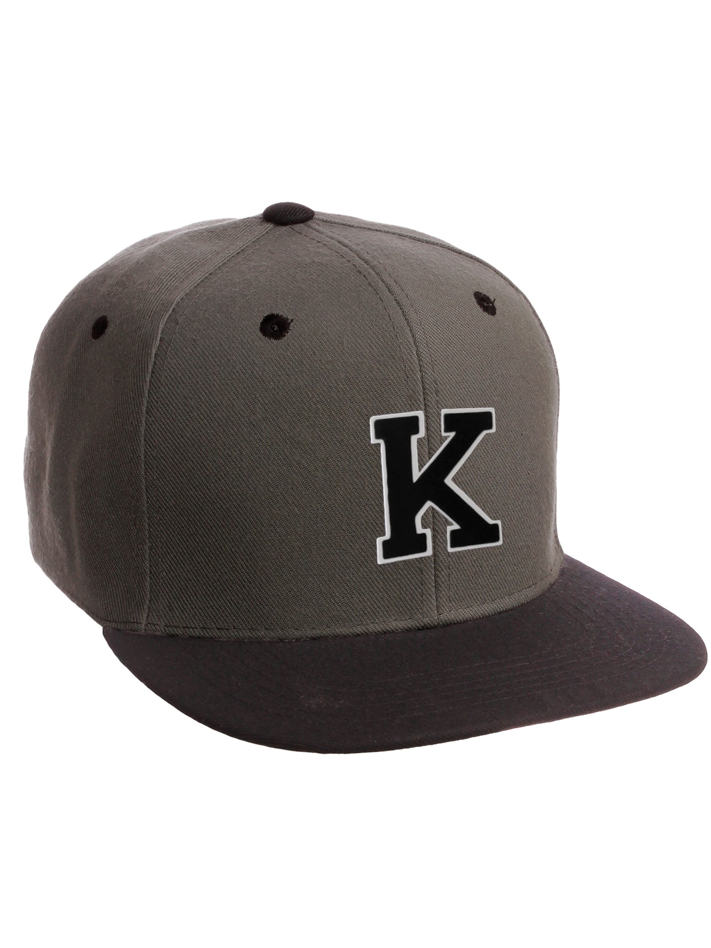Classic Snapback Hat Custom A to Z Initial Letters, Charcoal Black Cap Wht Blk