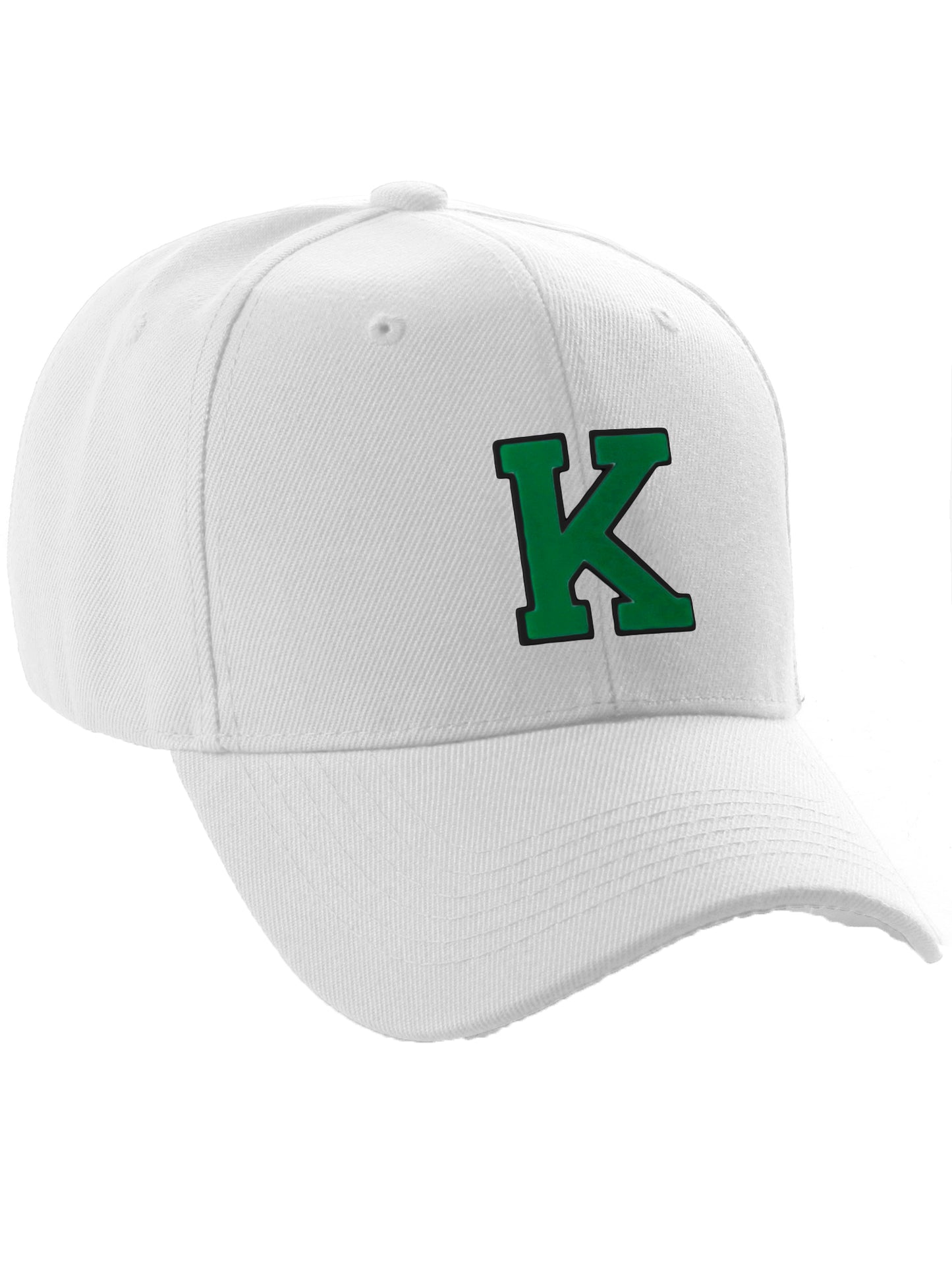 Classic Baseball Hat Custom A to Z Initial Team Letter, White Cap Black Green