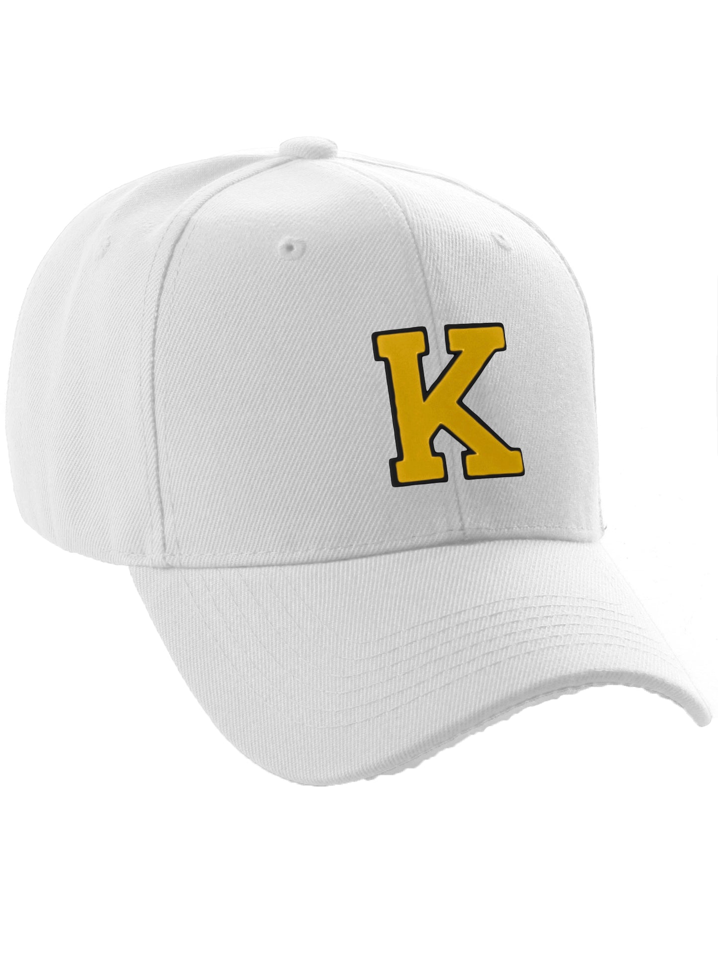 Classic Baseball Hat Custom A to Z Initial Team Letter, White Cap Black Gold