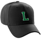 Classic Baseball Hat Custom A to Z Initial Team Letter, Black Cap White Green
