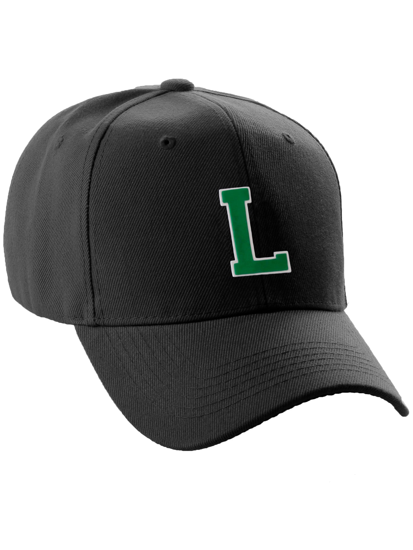 Classic Baseball Hat Custom A to Z Initial Team Letter, Black Cap White Green