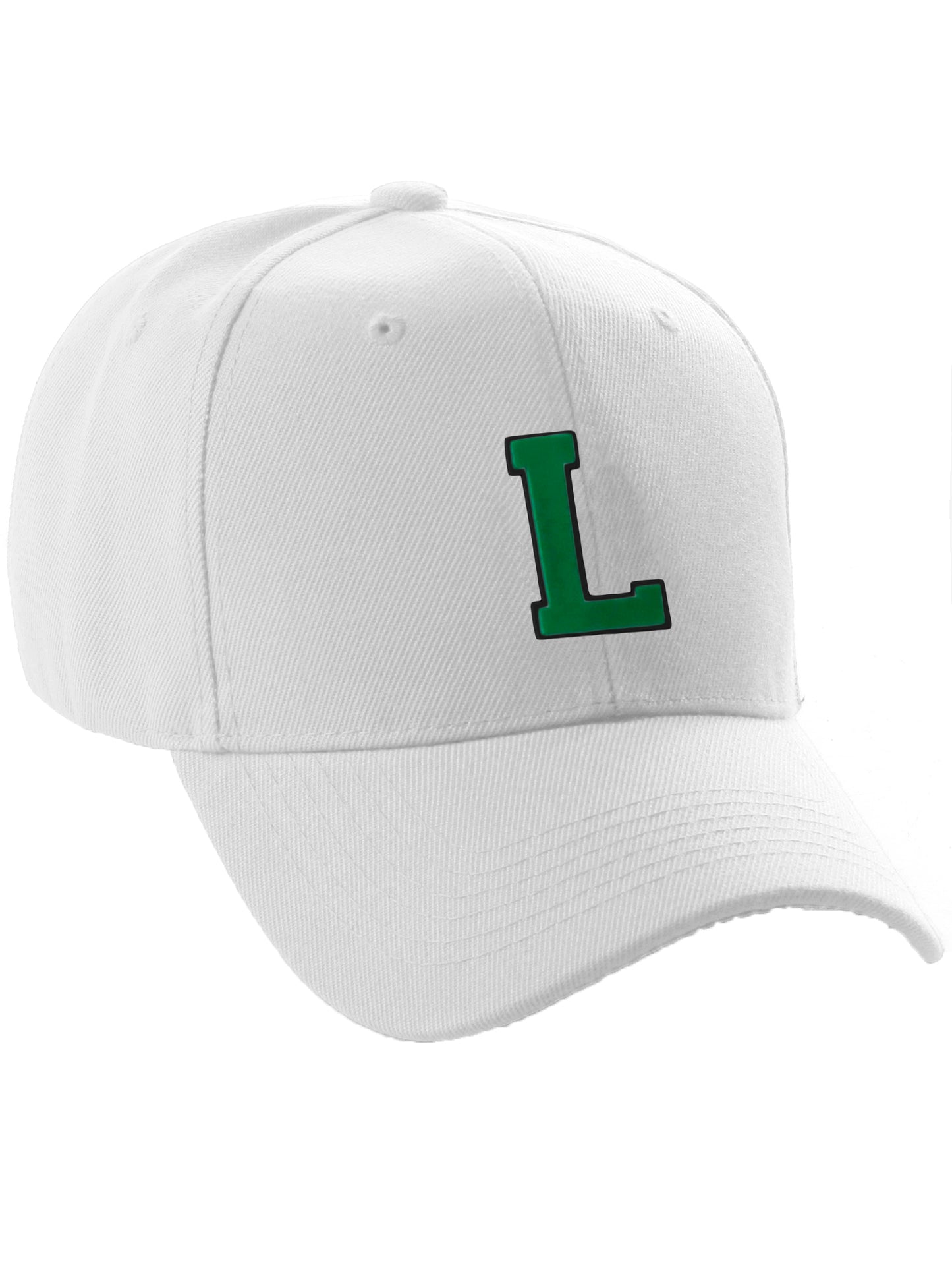 Classic Baseball Hat Custom A to Z Initial Team Letter, White Cap Black Green