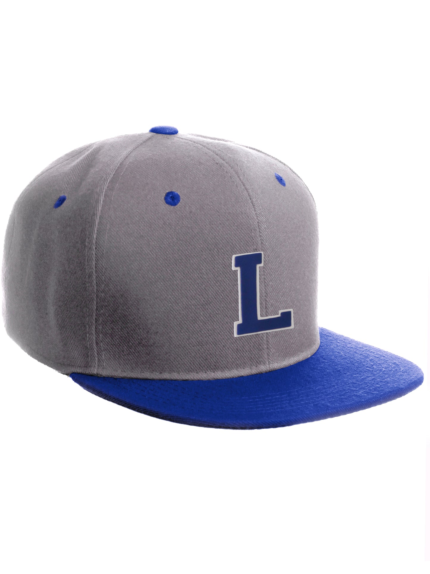 Classic Snapback Hat Custom A to Z Initial Letters, Lt Grey Royal Cap White Blue