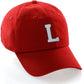 Customized Letter Initial Baseball Hat A to Z Team Colors, Red Cap Blue White