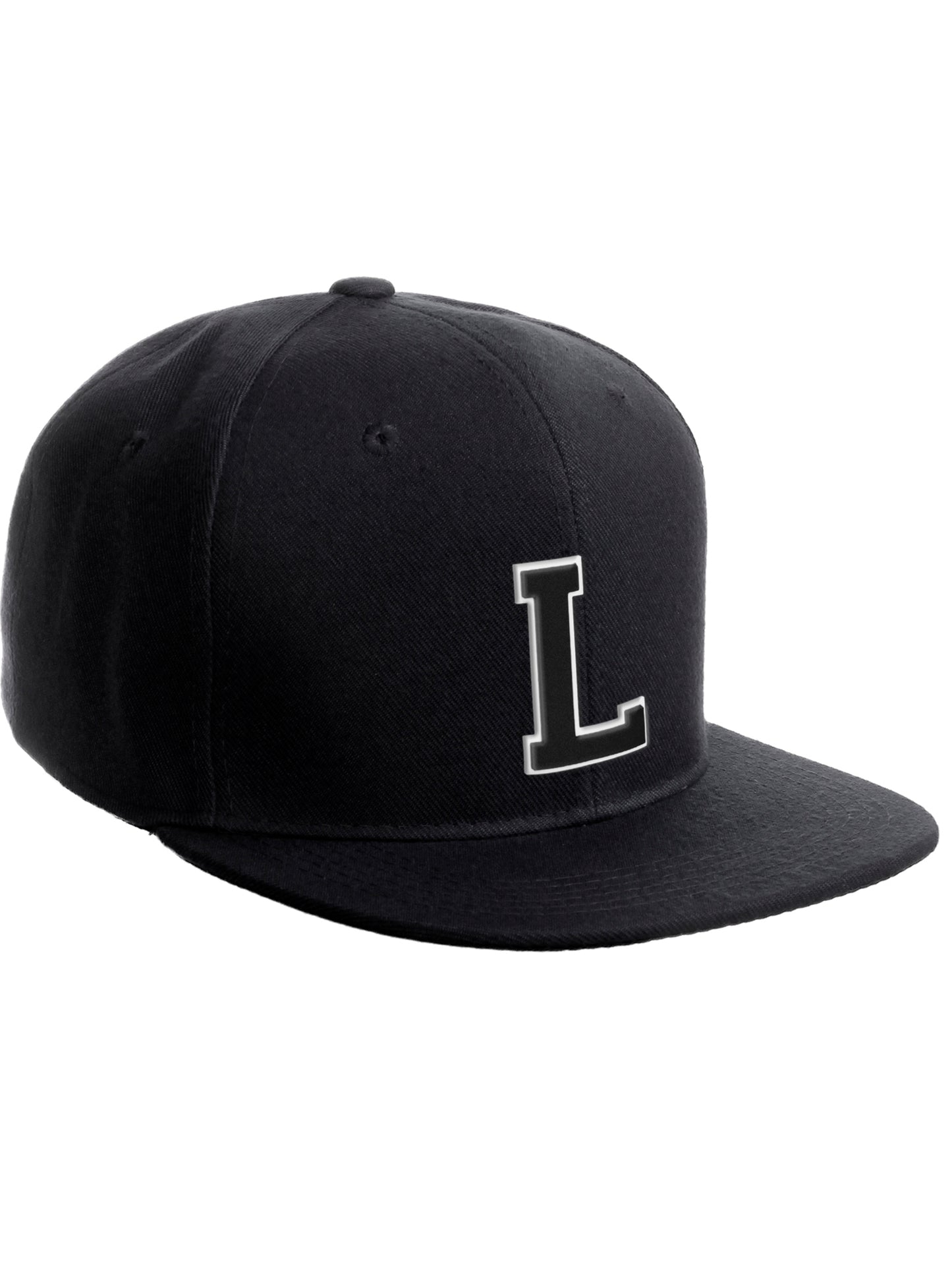 Classic Snapback Hat Custom A to Z Initial Raised Letters, Black Cap White Black