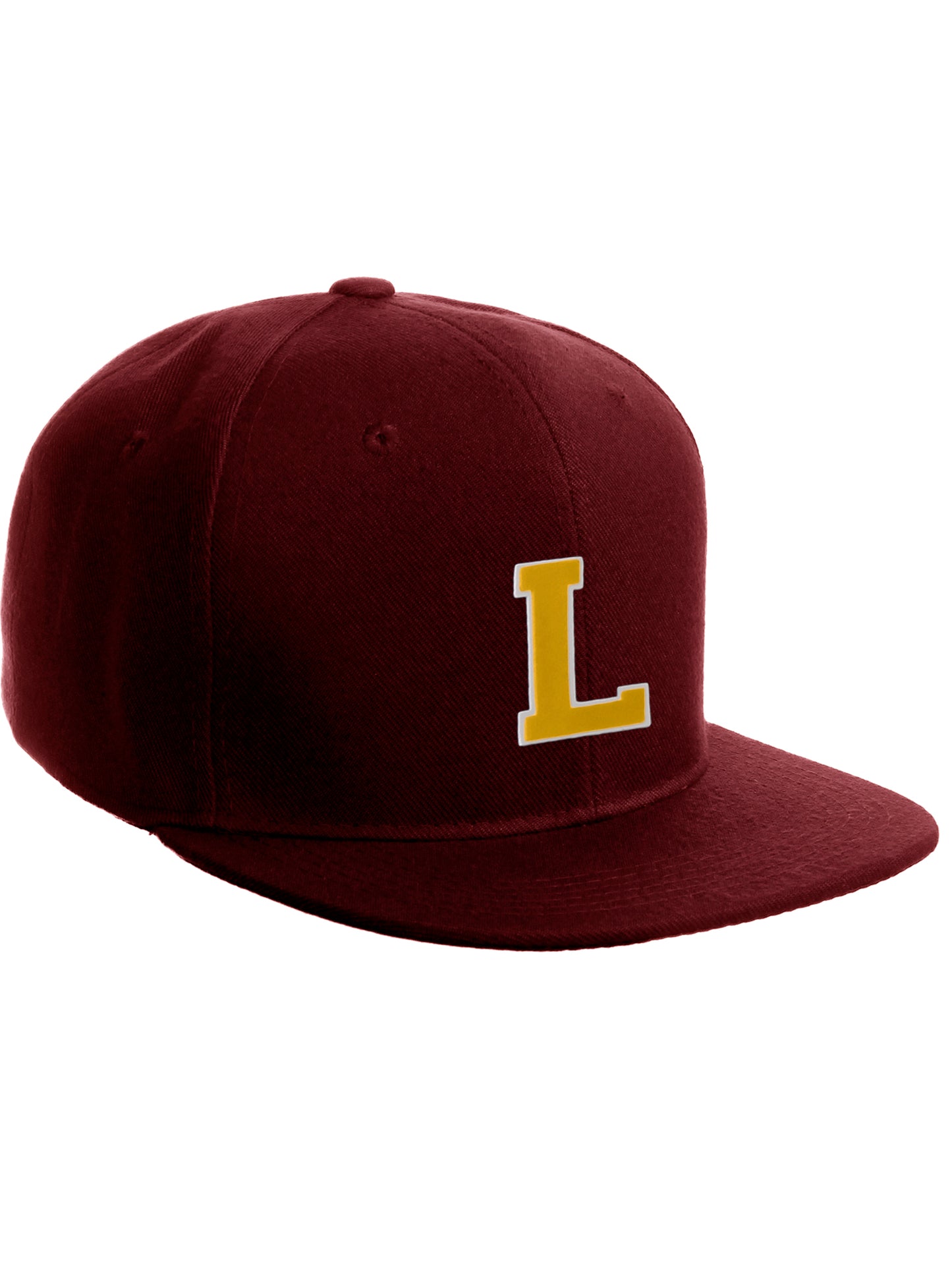 Classic Snapback Hat Custom A to Z Initial Letters, Burgundy Cap White Gold