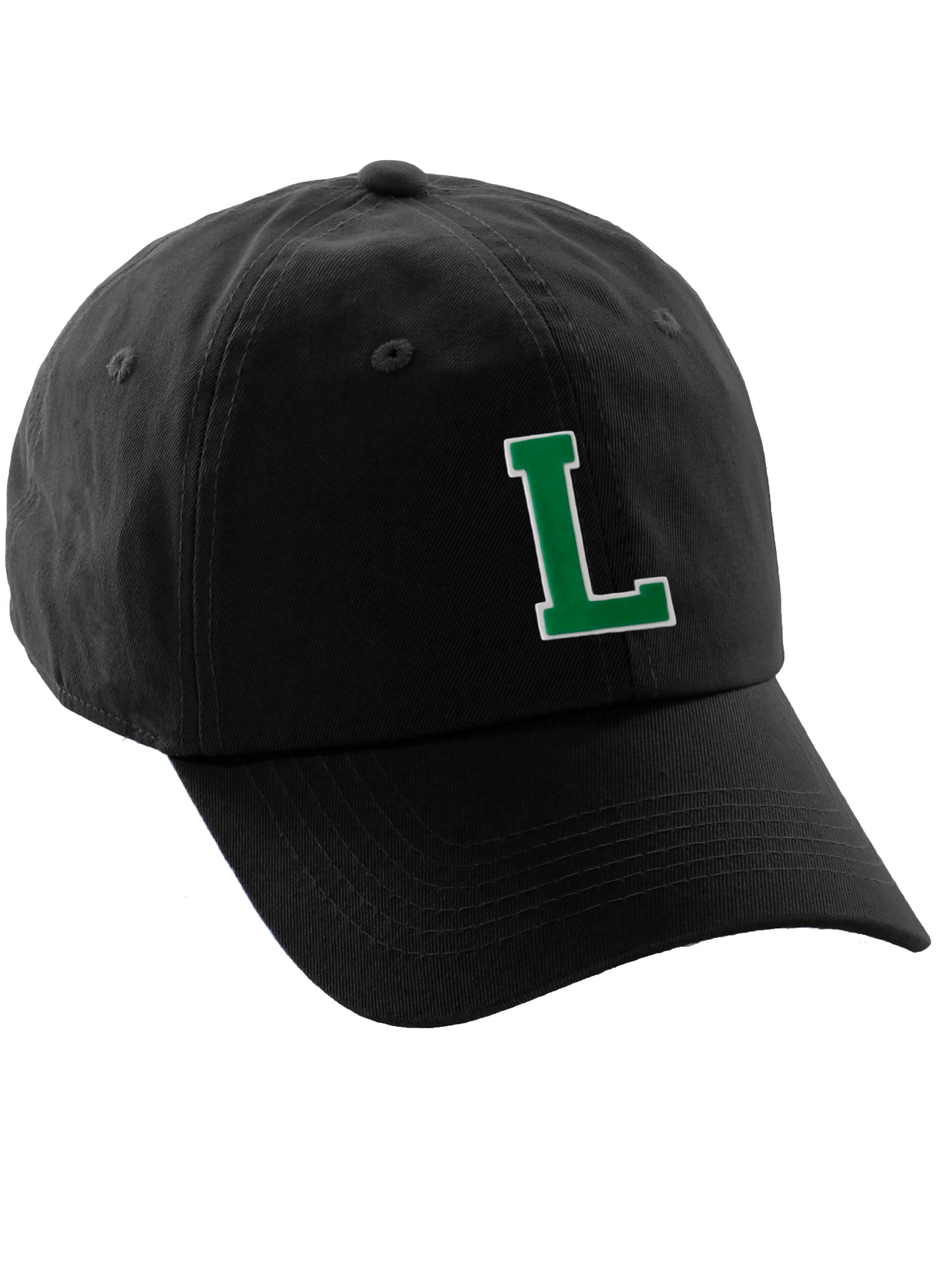 I&W Hatgear Customized Letter Initial Baseball Hat A to Z Team Colors, Black Cap White Green