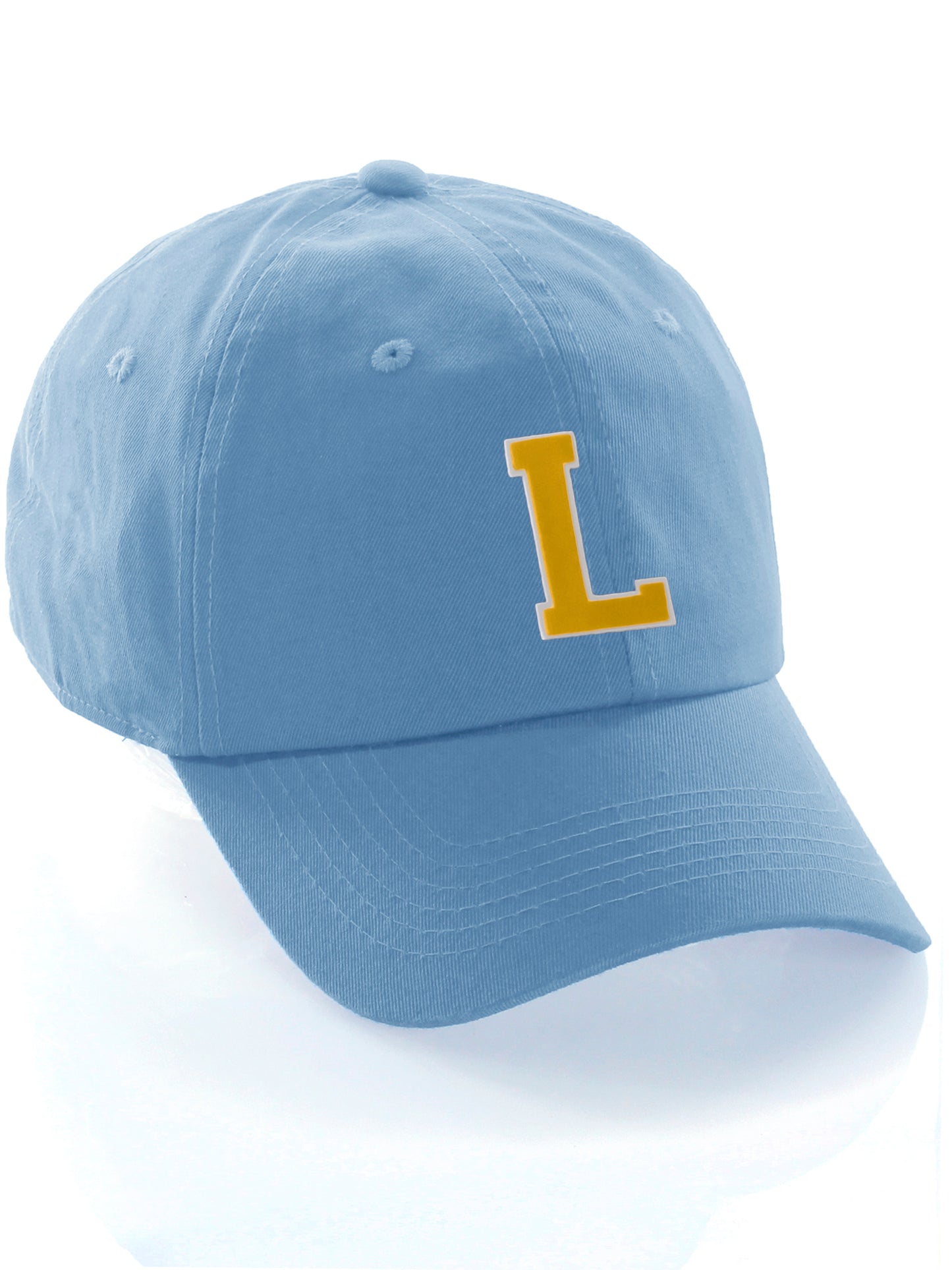 Customized Letter Initial Baseball Hat A to Z Team Colors, Sky Cap White Gold