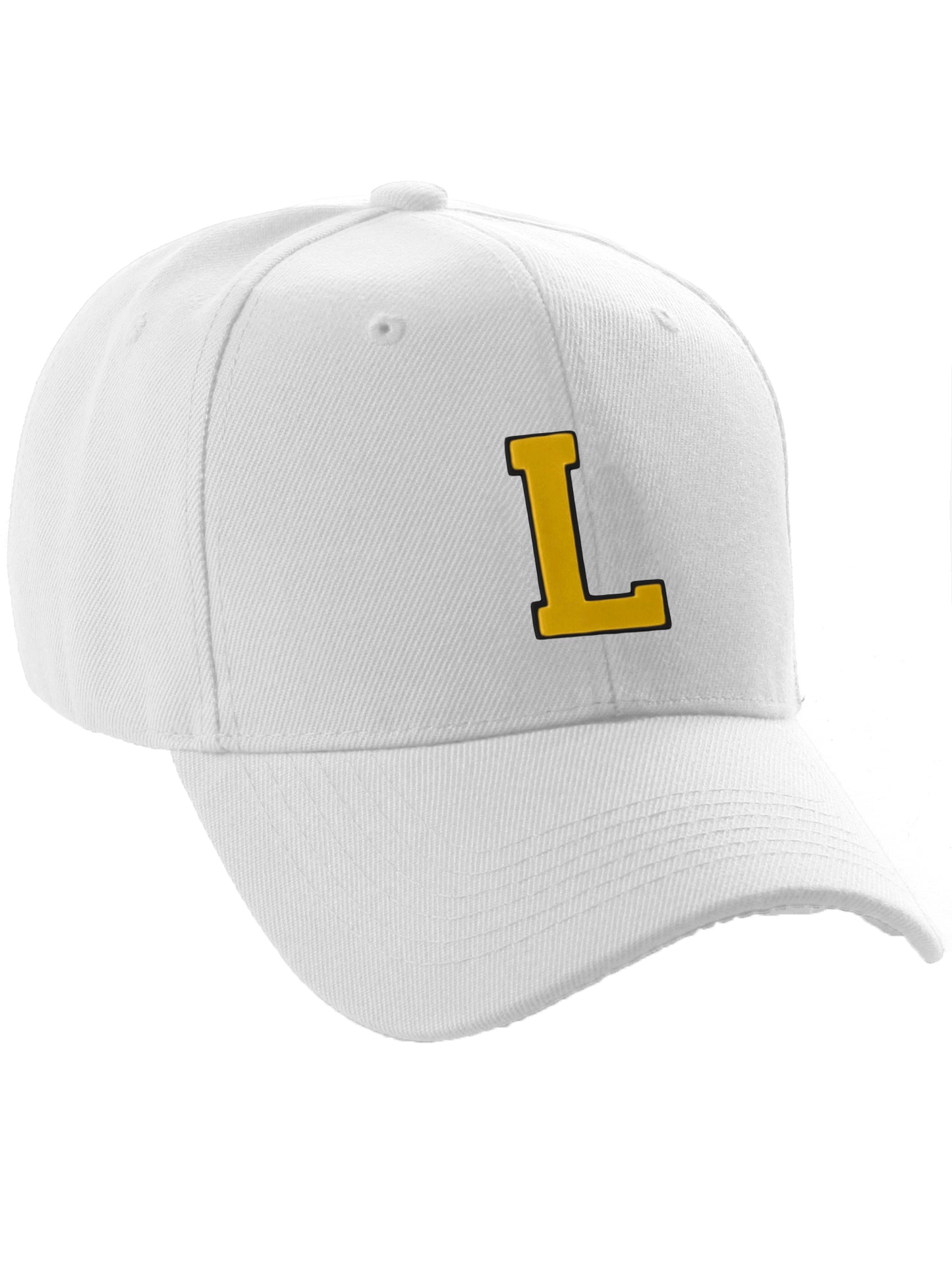 Classic Baseball Hat Custom A to Z Initial Team Letter, White Cap Black Gold
