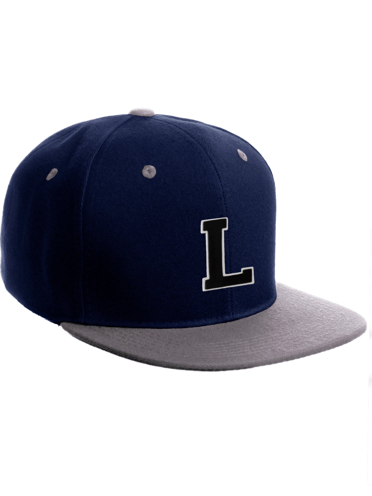 Classic Snapback Hat Custom A to Z Initial Letters, Navy Grey Cap White Black