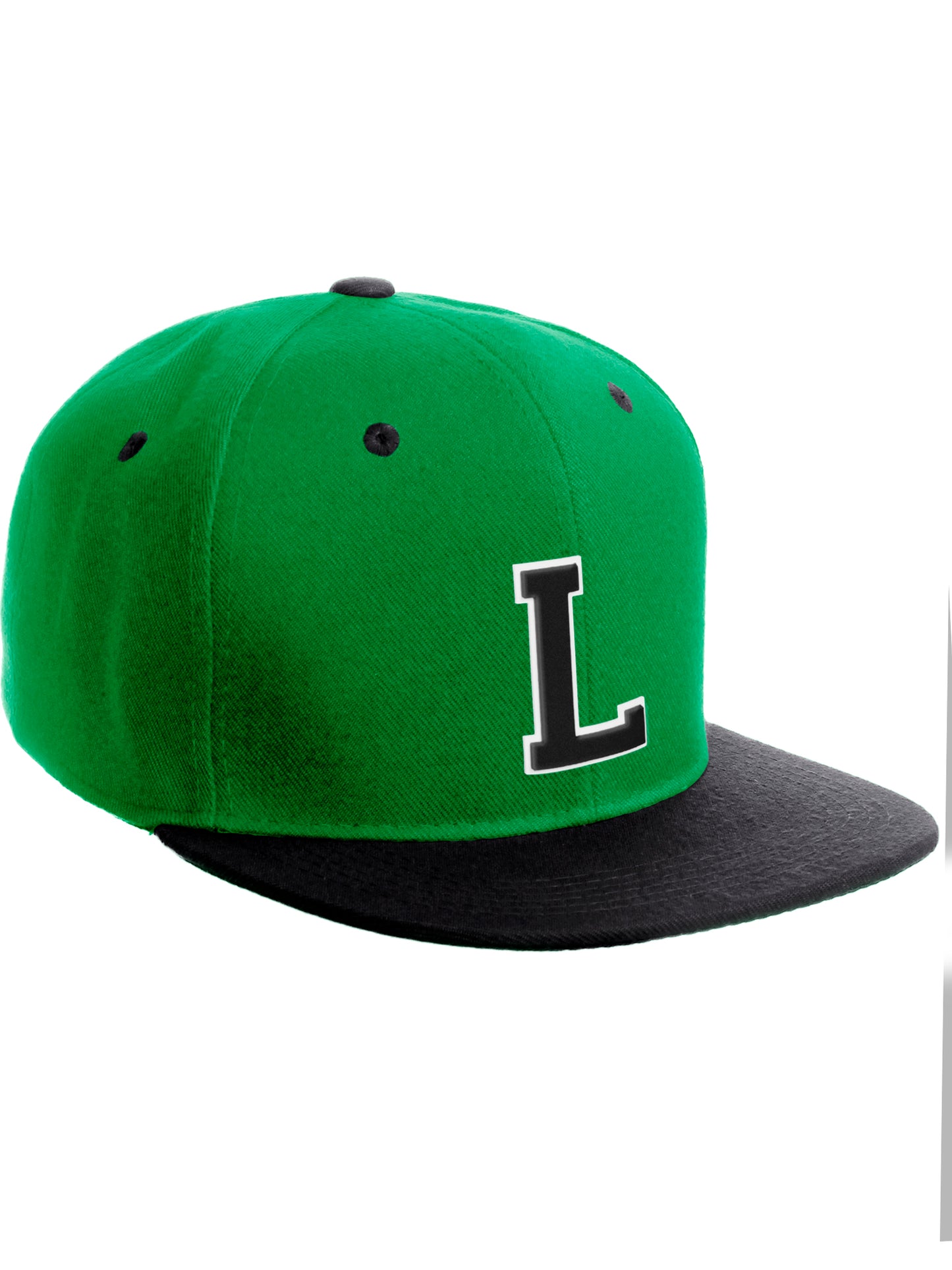 Classic Snapback Hat Custom A to Z Initial Letters, Green Black Cap White Black