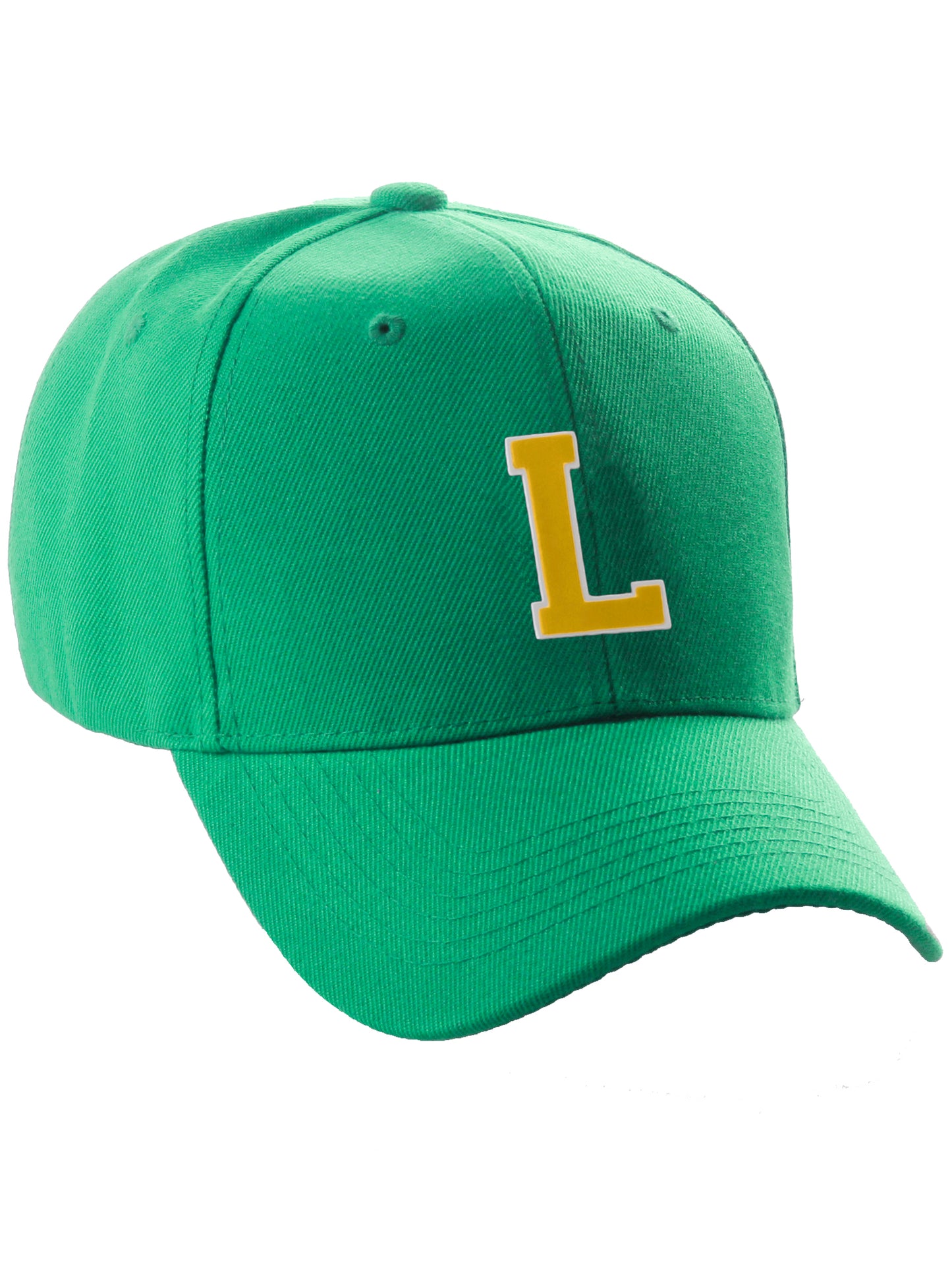 Classic Baseball Hat Custom A to Z Initial Team Letter, Green Cap White Gold