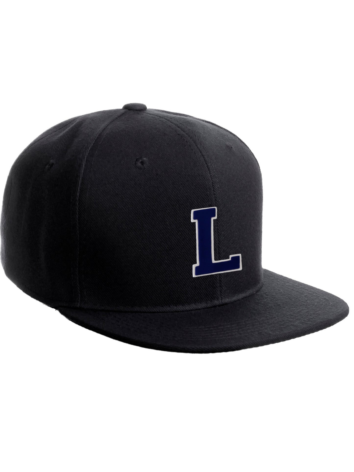 Classic Snapback Hat Custom A to Z Initial Raised Letter, Black Cap White Navy