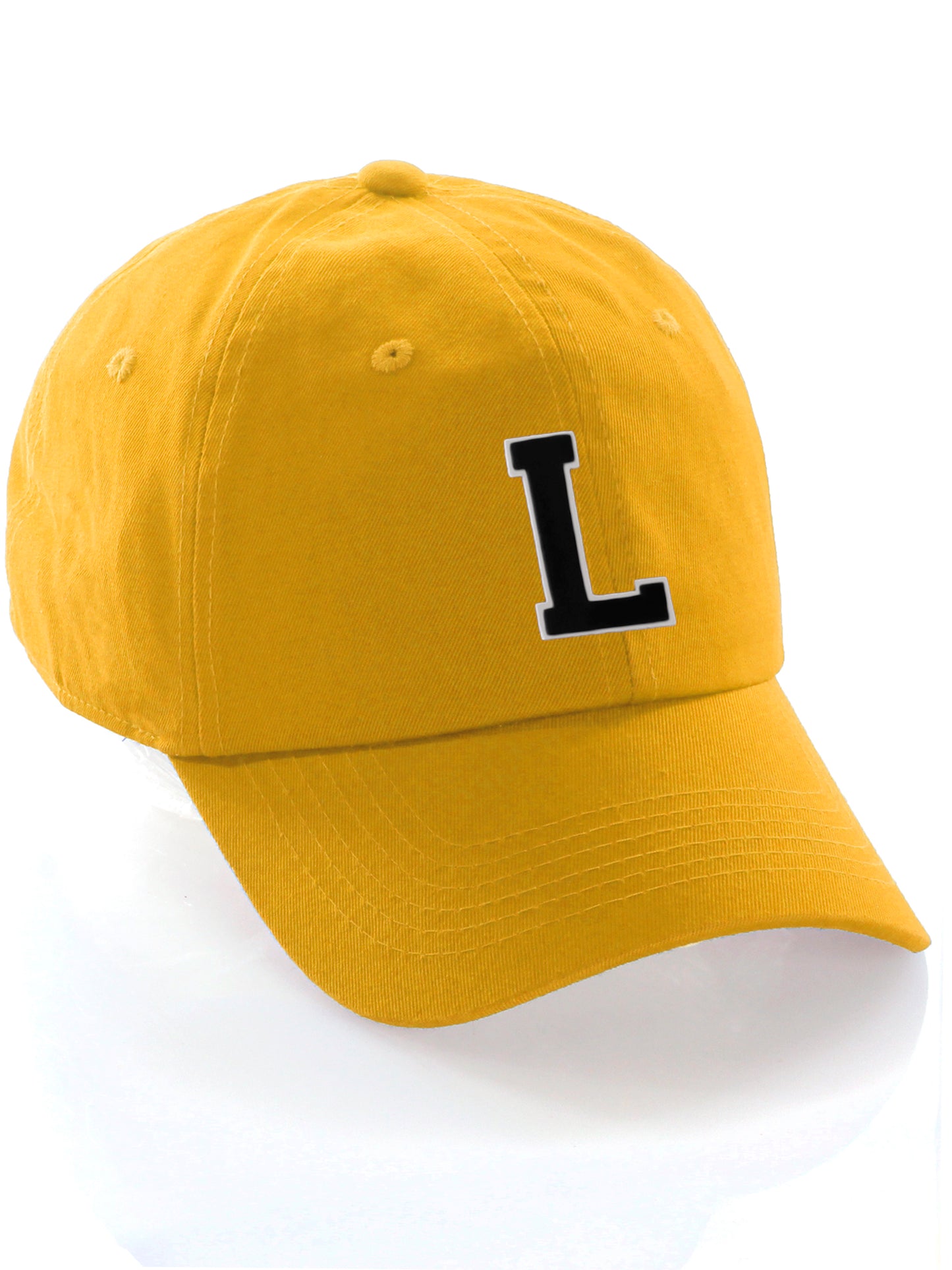 I&W Hatgear Customized Letter Initial Baseball Hat A to Z Team Colors, Gold Cap White Black