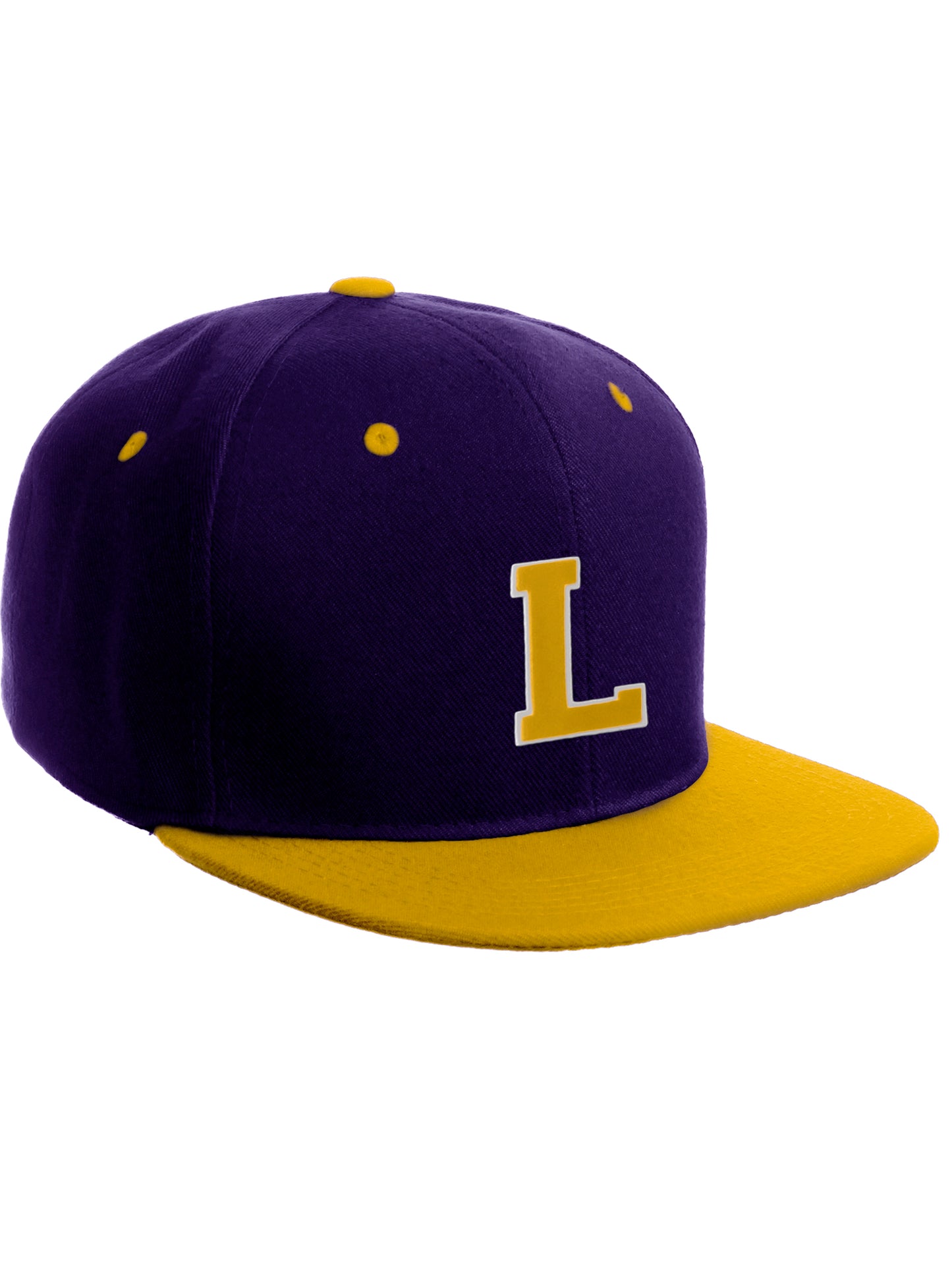 Classic Snapback Hat Custom A to Z Initial Letters, Purple Gold Cap White Gold