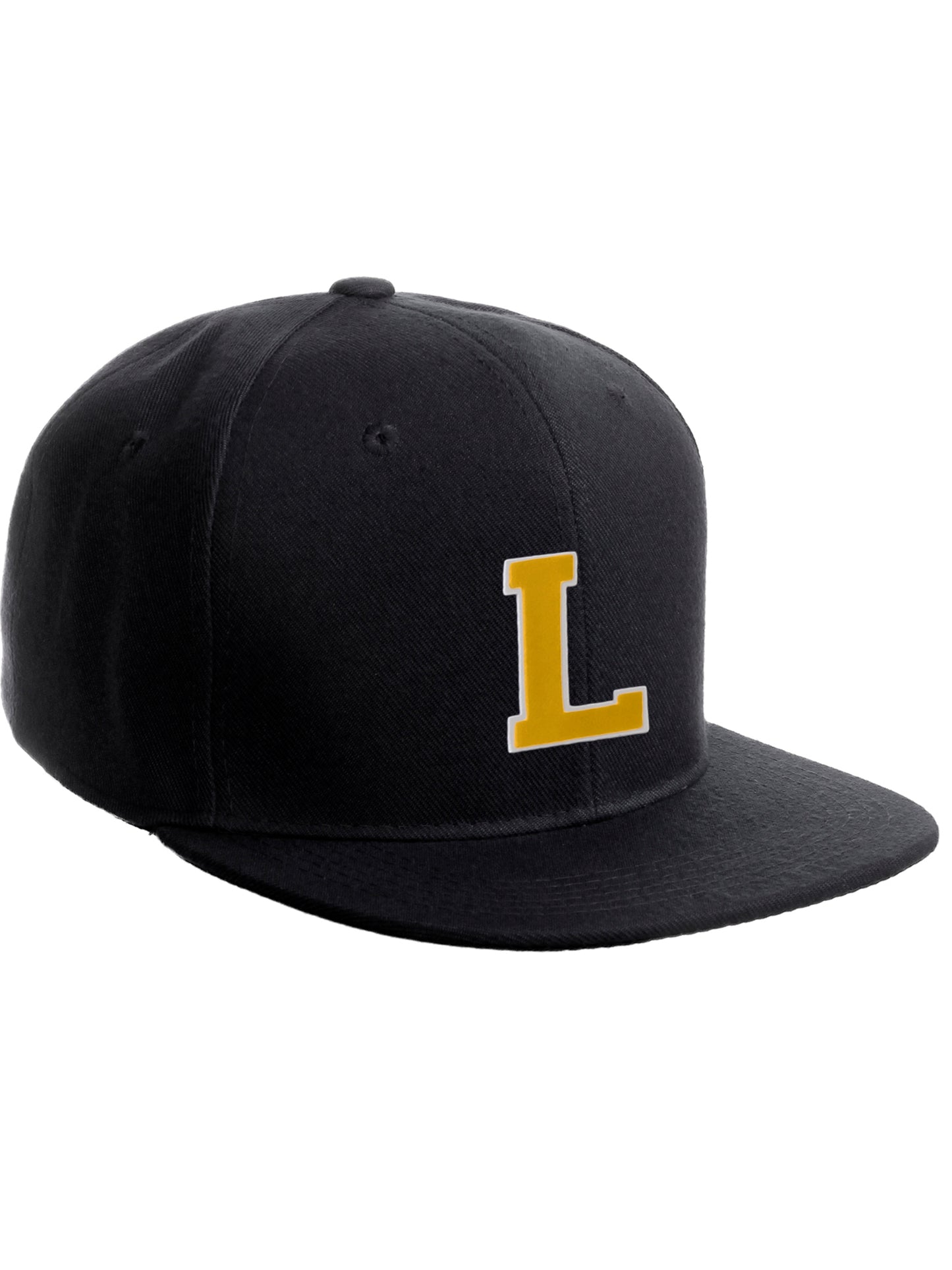 Classic Snapback Hat Custom A to Z Initial Raised Letters, Black Cap White Gold
