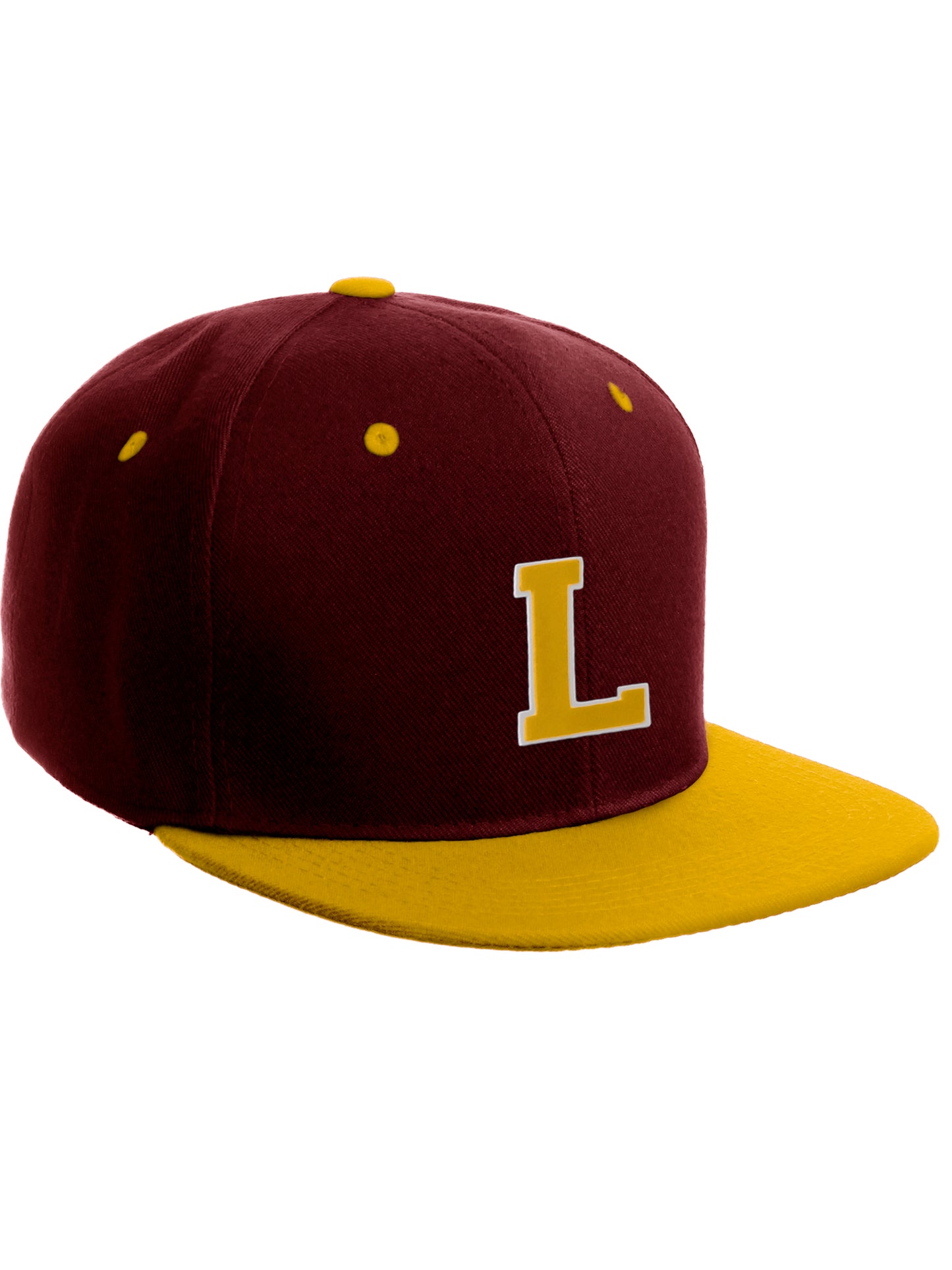 Classic Snapback Hat Custom A to Z Initial Letters, Burgundy Gold Cap White Gold