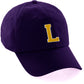 Customized Letter Initial Baseball Hat A to Z Team Colors, Purple Cap White Gold