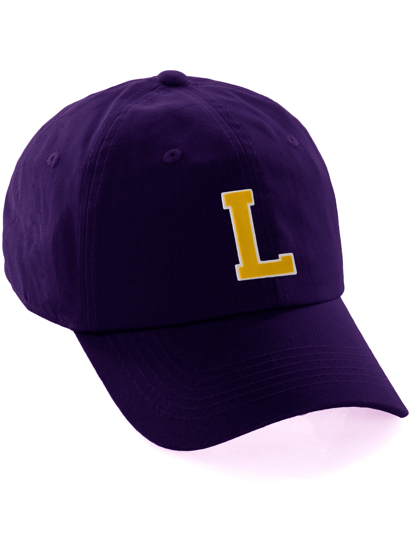 Customized Letter Initial Baseball Hat A to Z Team Colors, Purple Cap White Gold