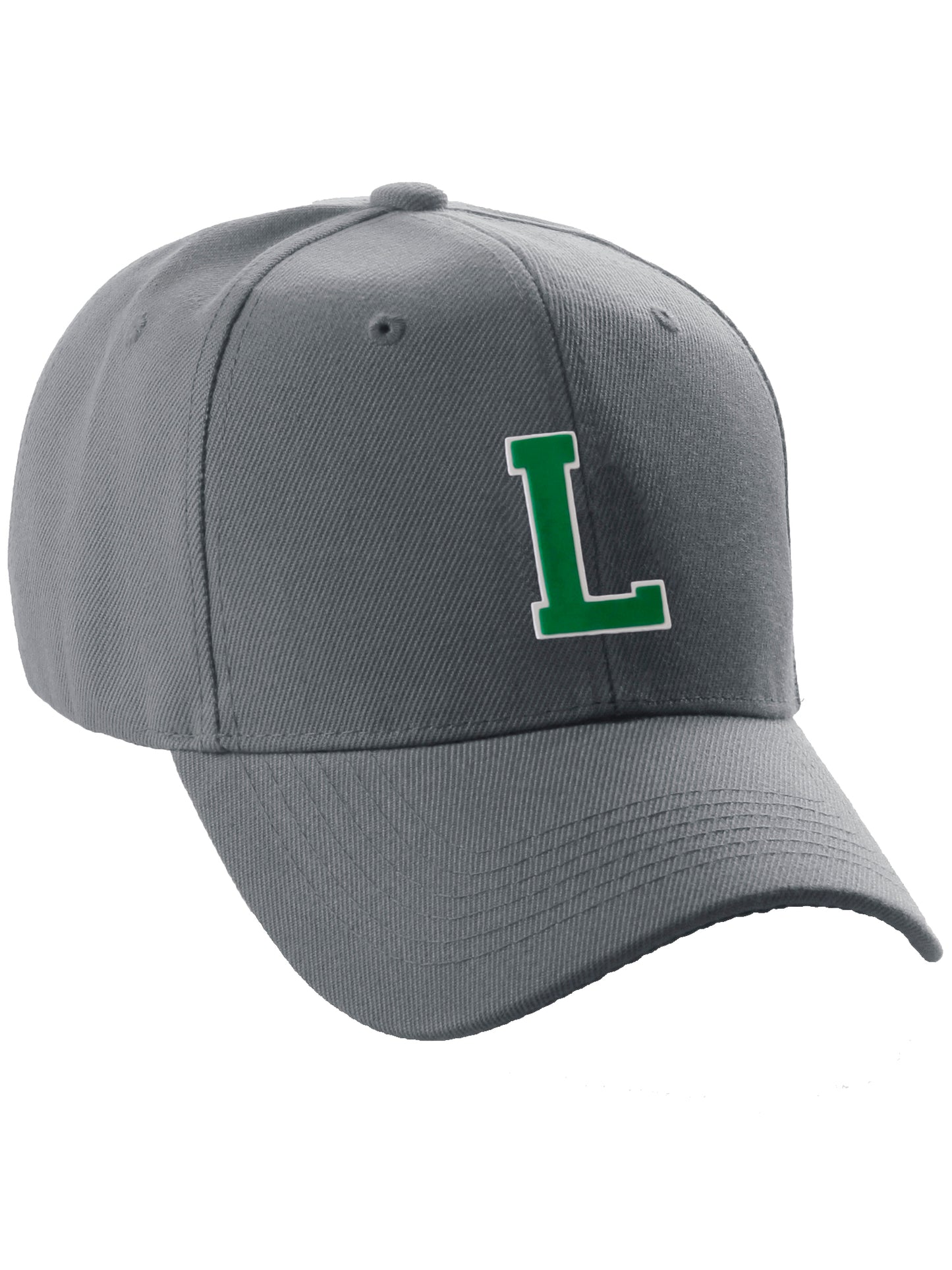 Classic Baseball Hat Custom A to Z Initial Team Letter, Charcoal Cap White Green