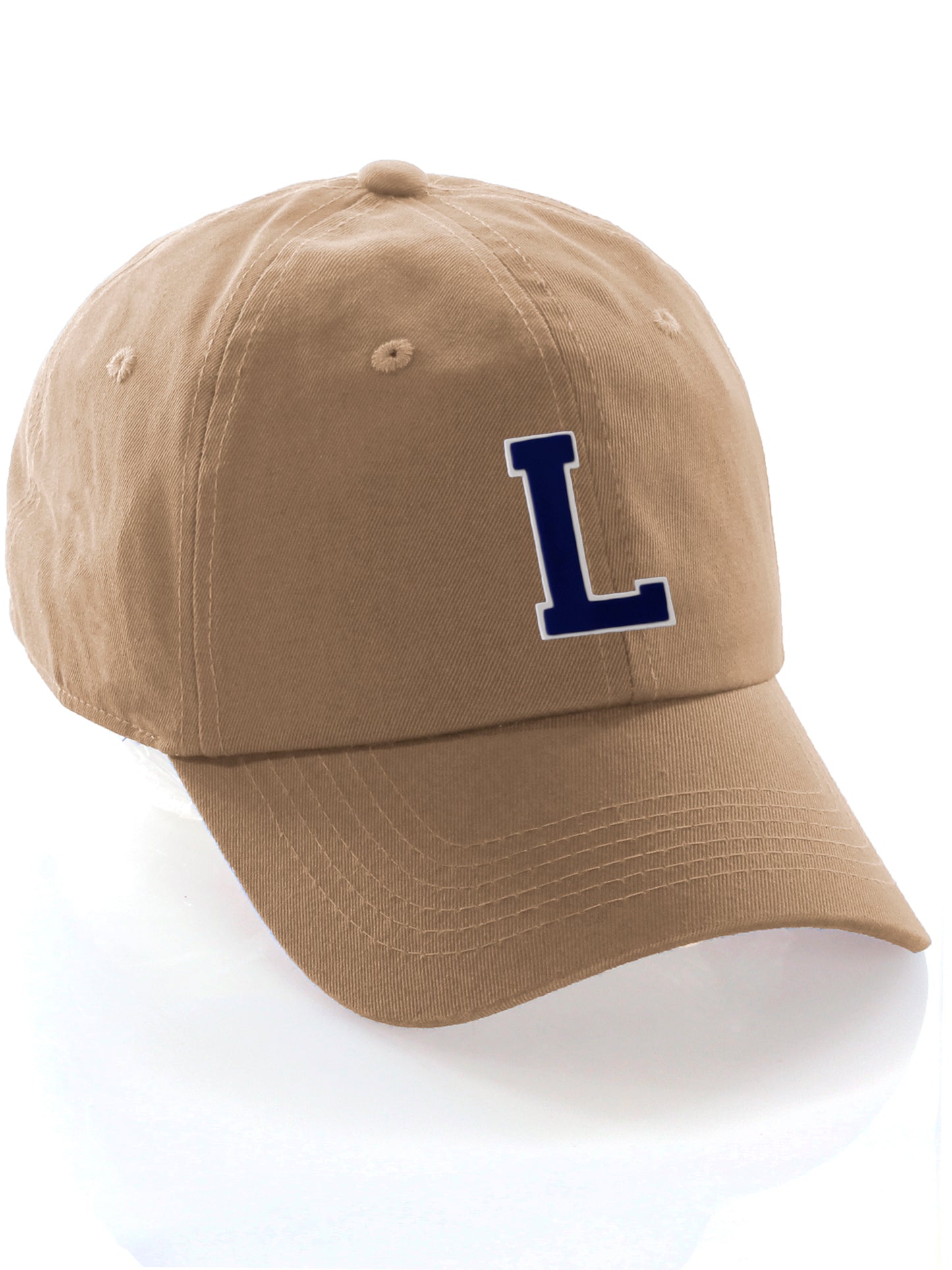 I&W Hatgear Customized Letter Initial Baseball Hat A to Z Team Colors, Khaki Cap White Navy