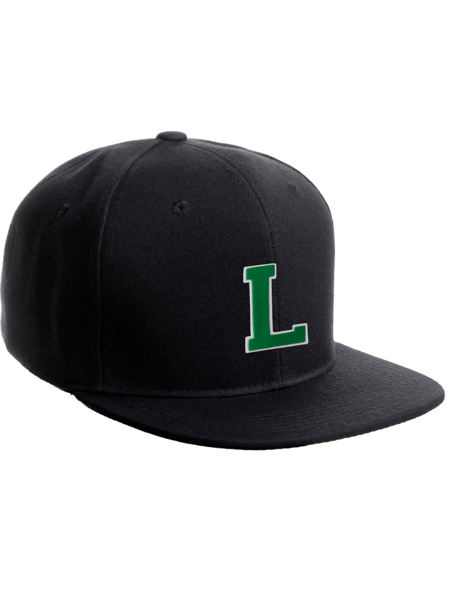 Classic Snapback Hat Custom A to Z Initial Raised Letters, Black Cap White Green