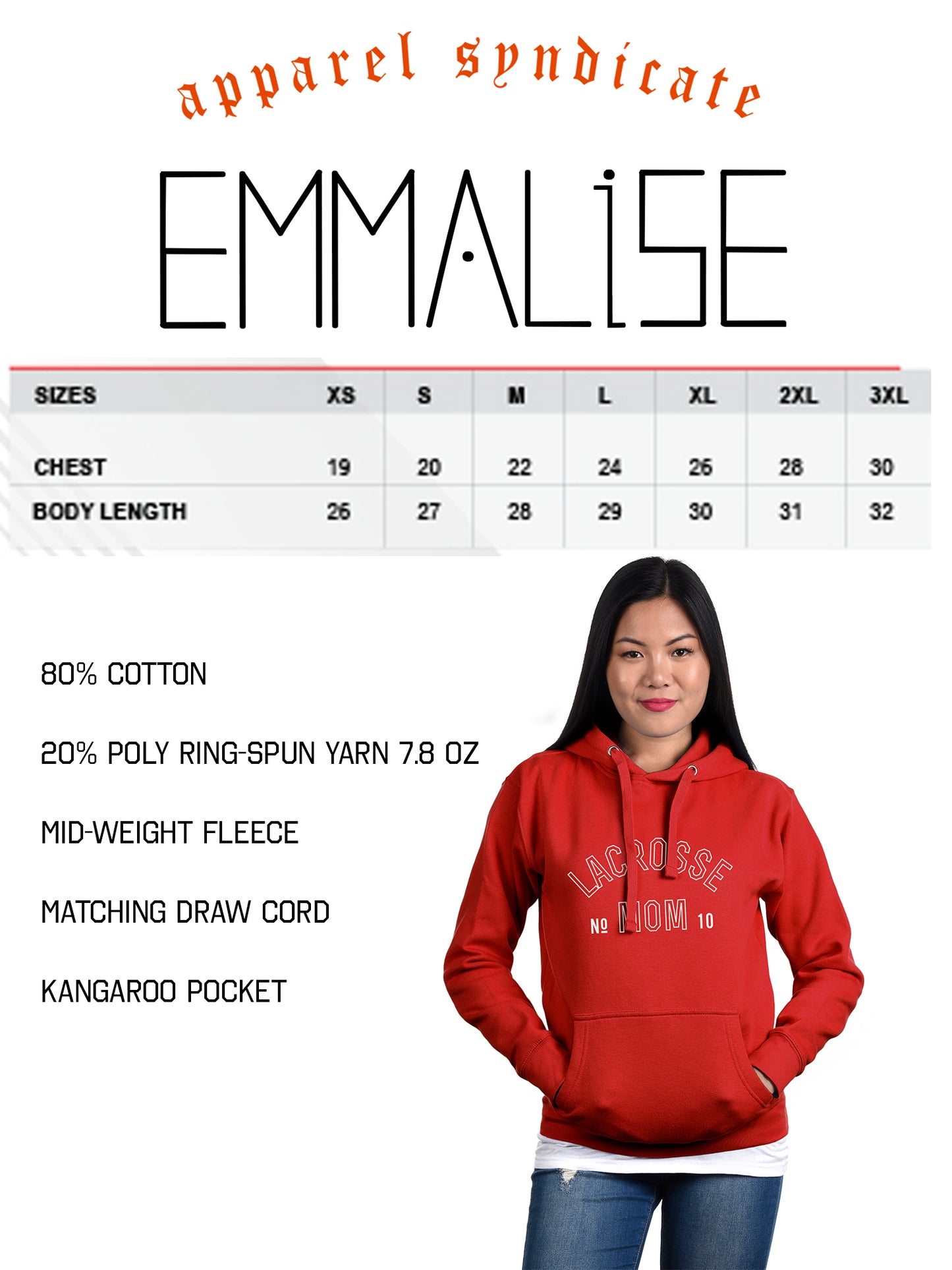 Emmalise Women's Lacrosse Mom Custom Number Round Neck Short Sleeve and Pullover Hoodie Fleece Sweatshirt
