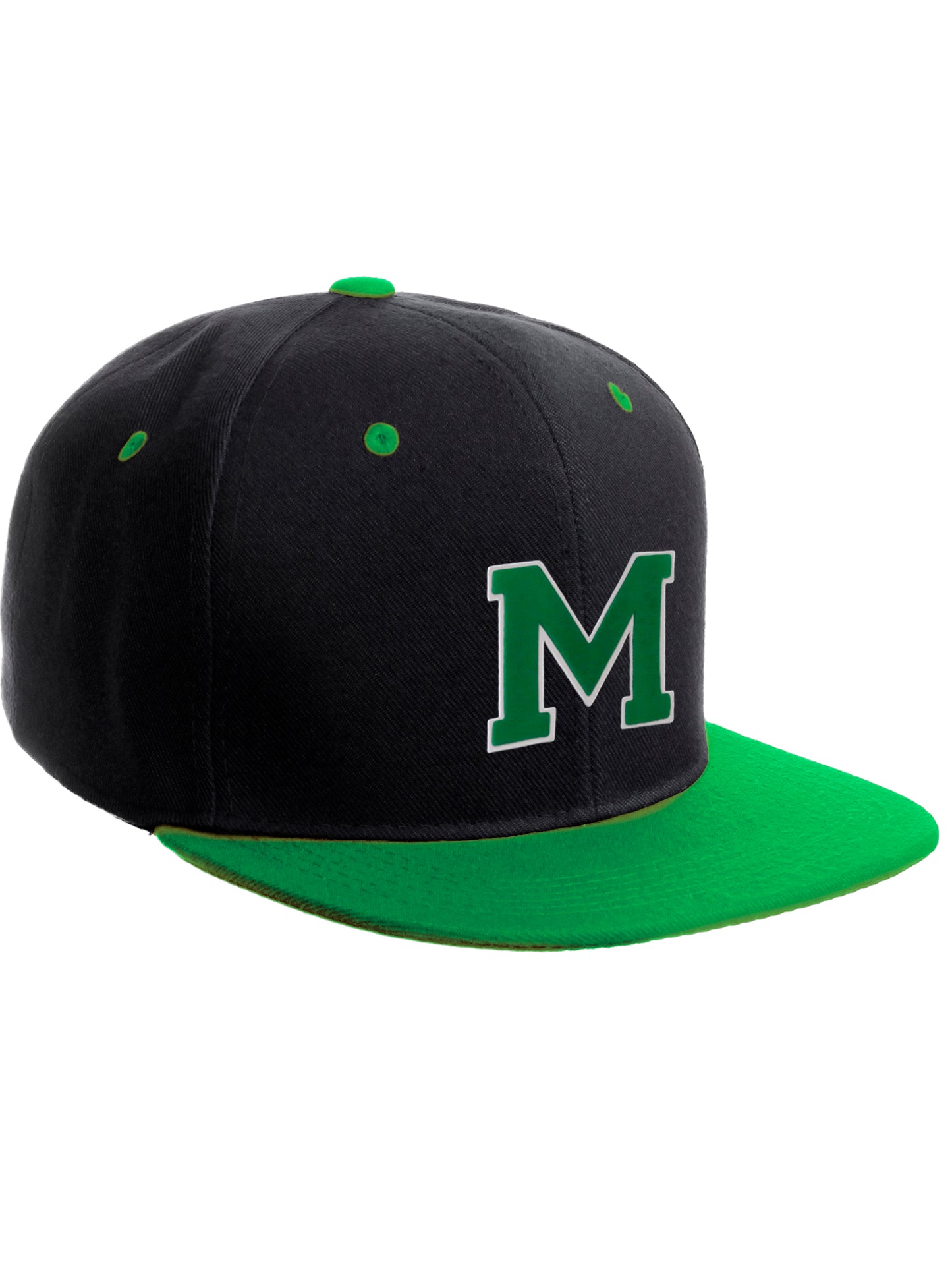 Classic Snapback Hat Custom A to Z Initial Letters, Black Green Cap White Green