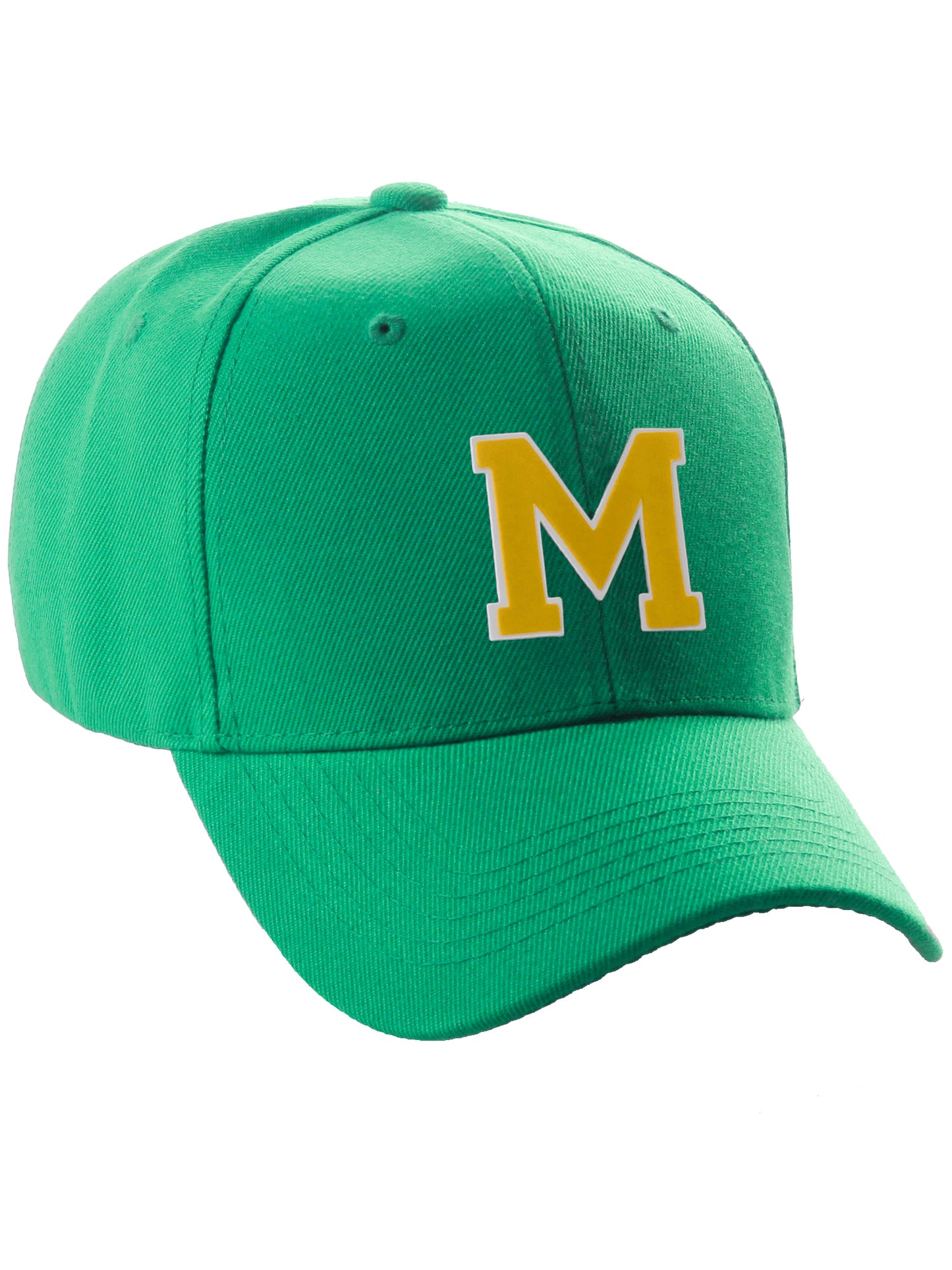 Classic Baseball Hat Custom A to Z Initial Team Letter, Green Cap White Gold