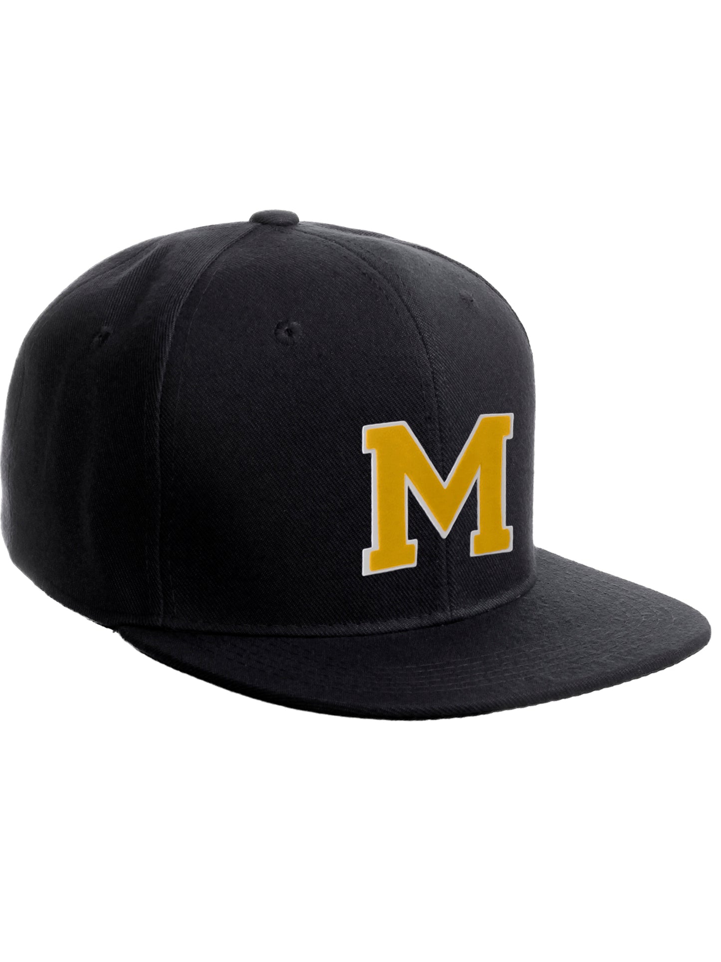 Classic Snapback Hat Custom A to Z Initial Raised Letters, Black Cap White Gold