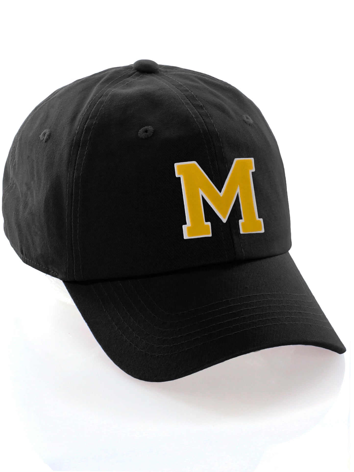 I&W Hatgear Customized Letter Initial Baseball Hat A to Z Team Colors, Black Cap White Gold